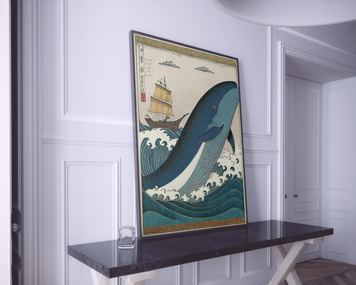Japanese Ukiyo-e Style Whale and Boat Poster, Artistic Wall Art, Japan-Inspired Decoration Print