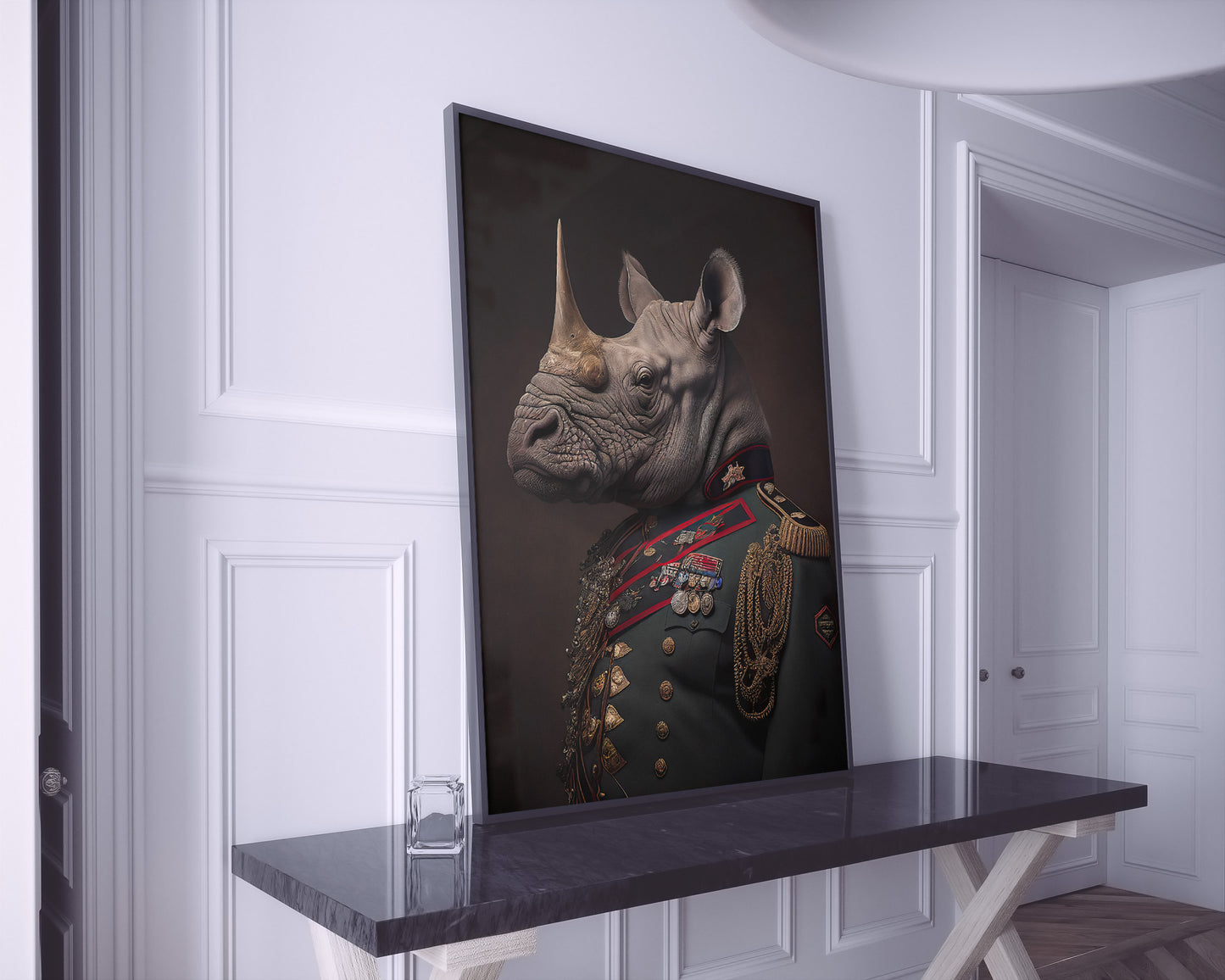 Rhino in Military Uniform Poster - Unique Animal Wall Art for Decoration, Rhinoceros Wall Poster for Framing