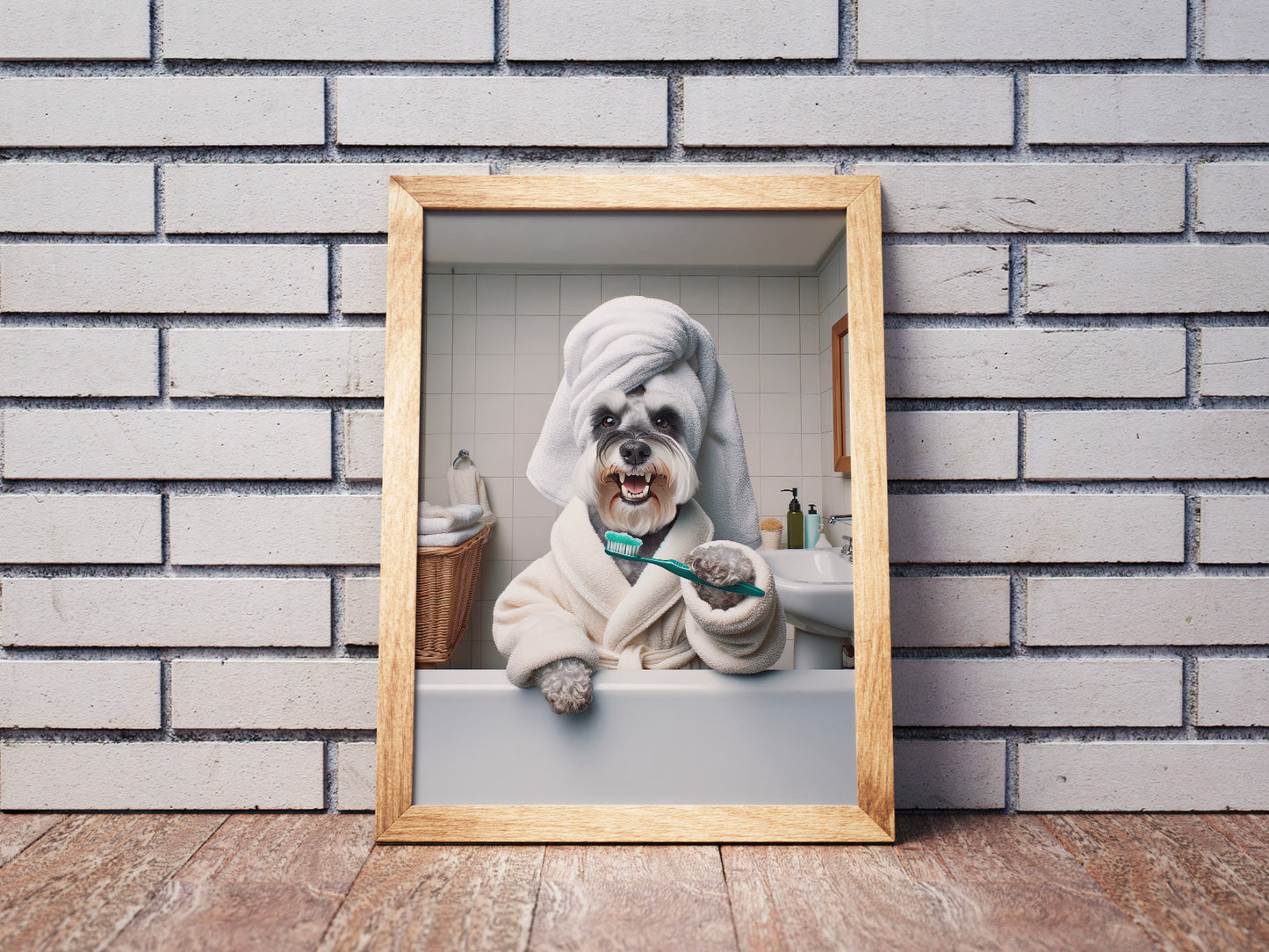 Portrait of a Schnauzer Brushing Teeth in Bathrobe – Funny Dog Bathroom Decor, Cute Poster, Schnauzer Print, Schnauzer Gift, Framed art