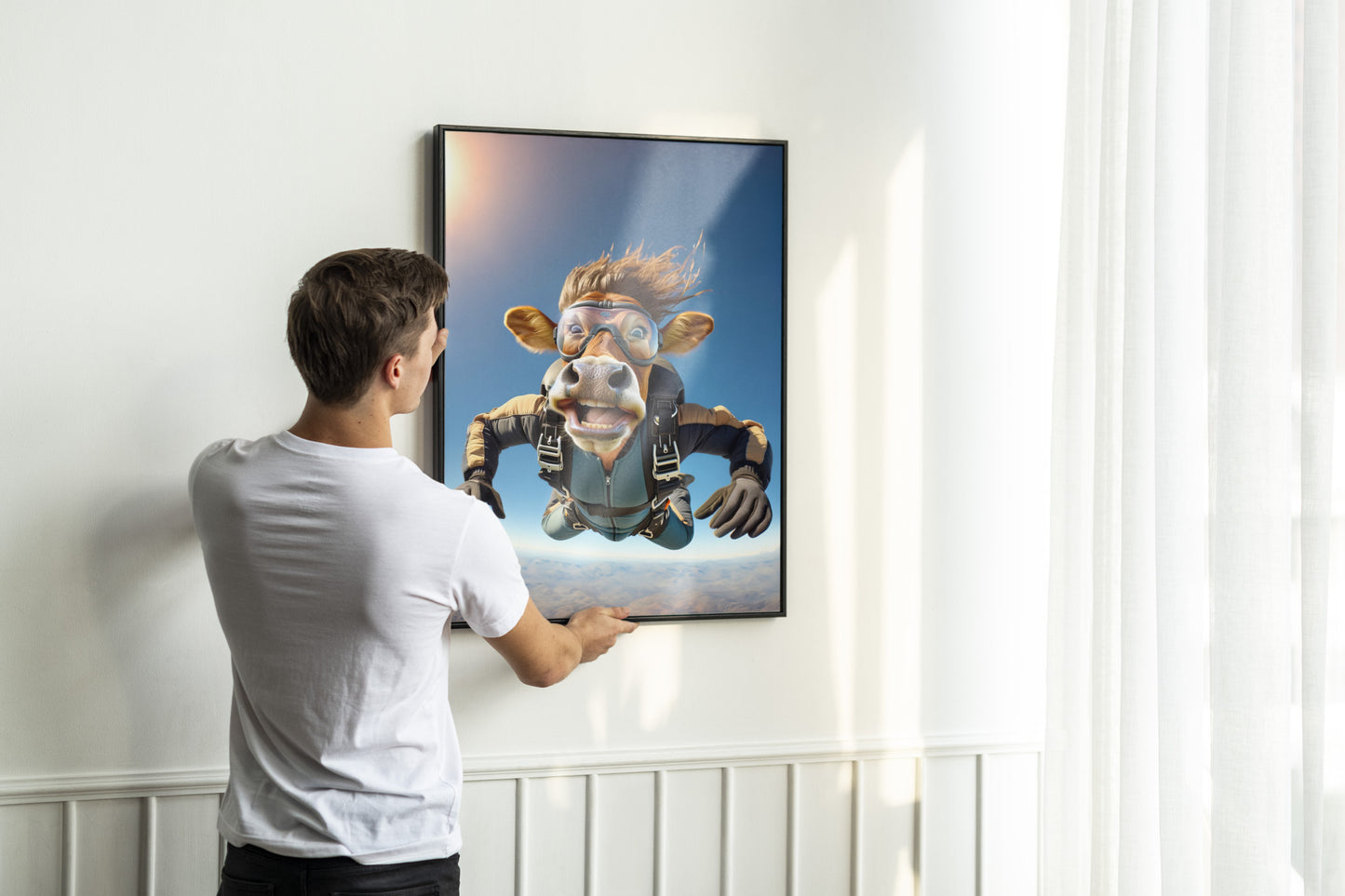 Affiche murale Vache en chute libre, Poster Skydiving Animal, Décoration Sport Extrême, Cadeau original