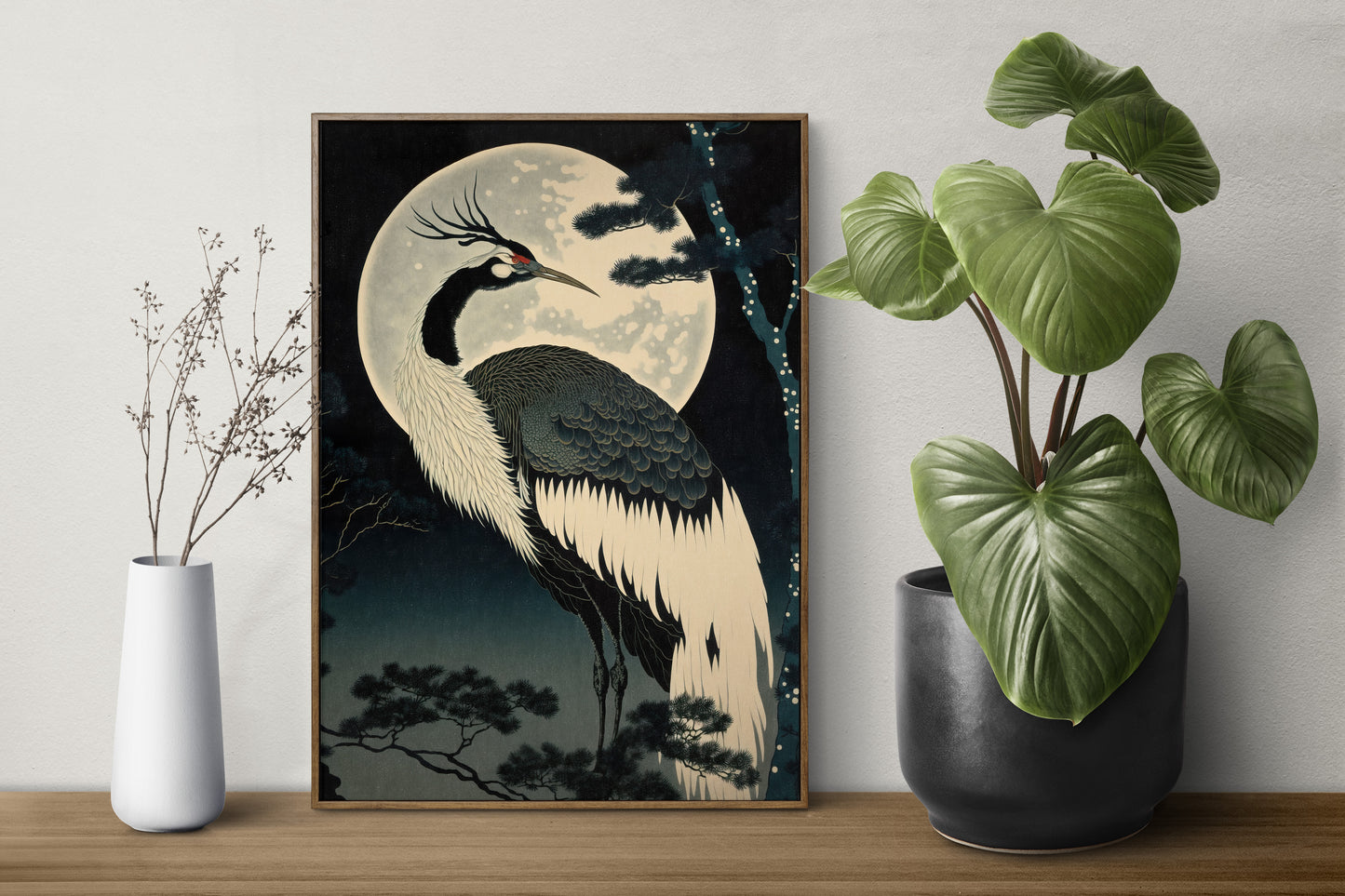 "Japanese Crane Poster in Moonlight - Asian Style Wall Art Decor for Home and Office"