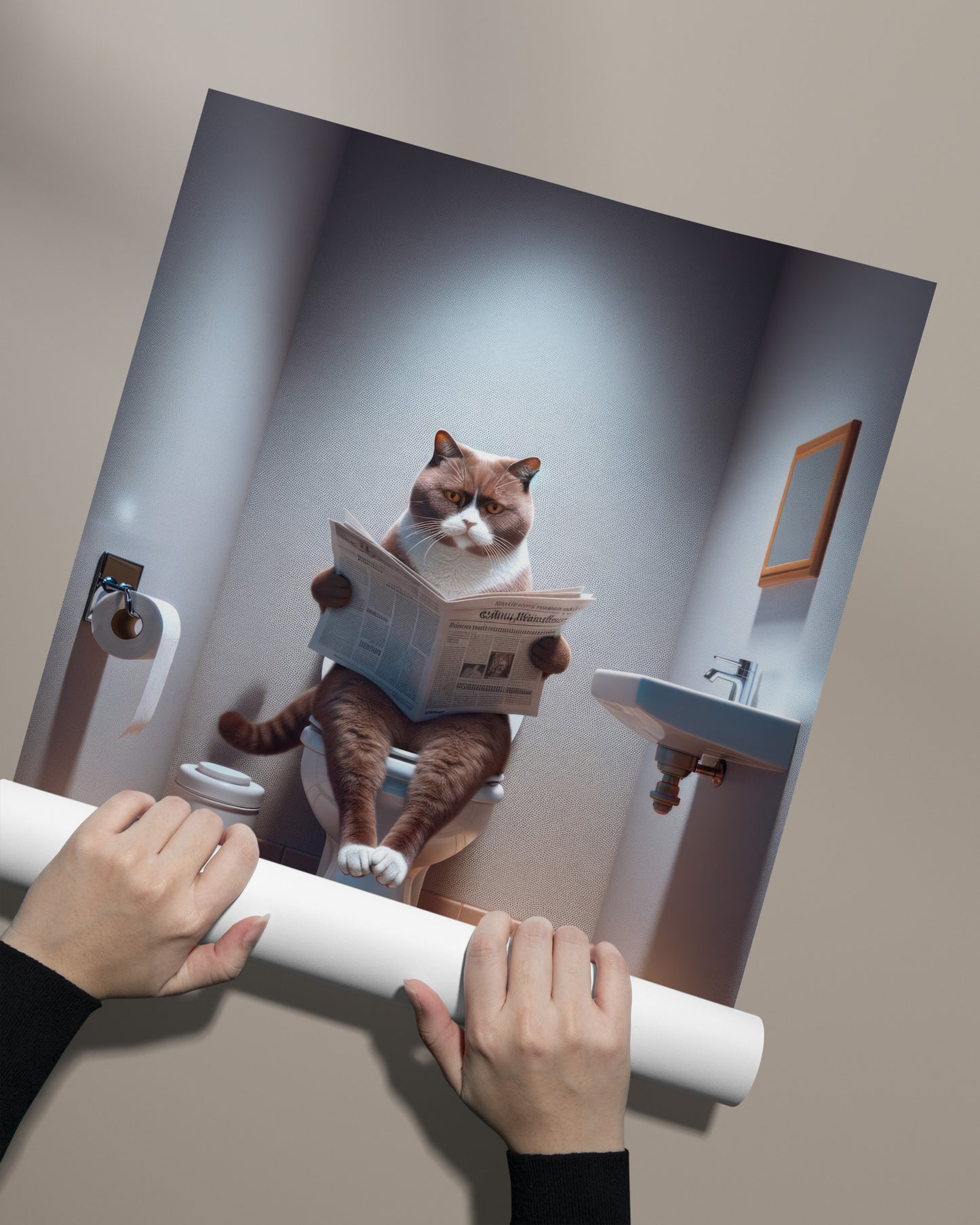Affiche murale Chat British Shorthair Chocolat et Blanc - Déco WC & Salle de Bain Humour, Idée Cadeau Fun Originale