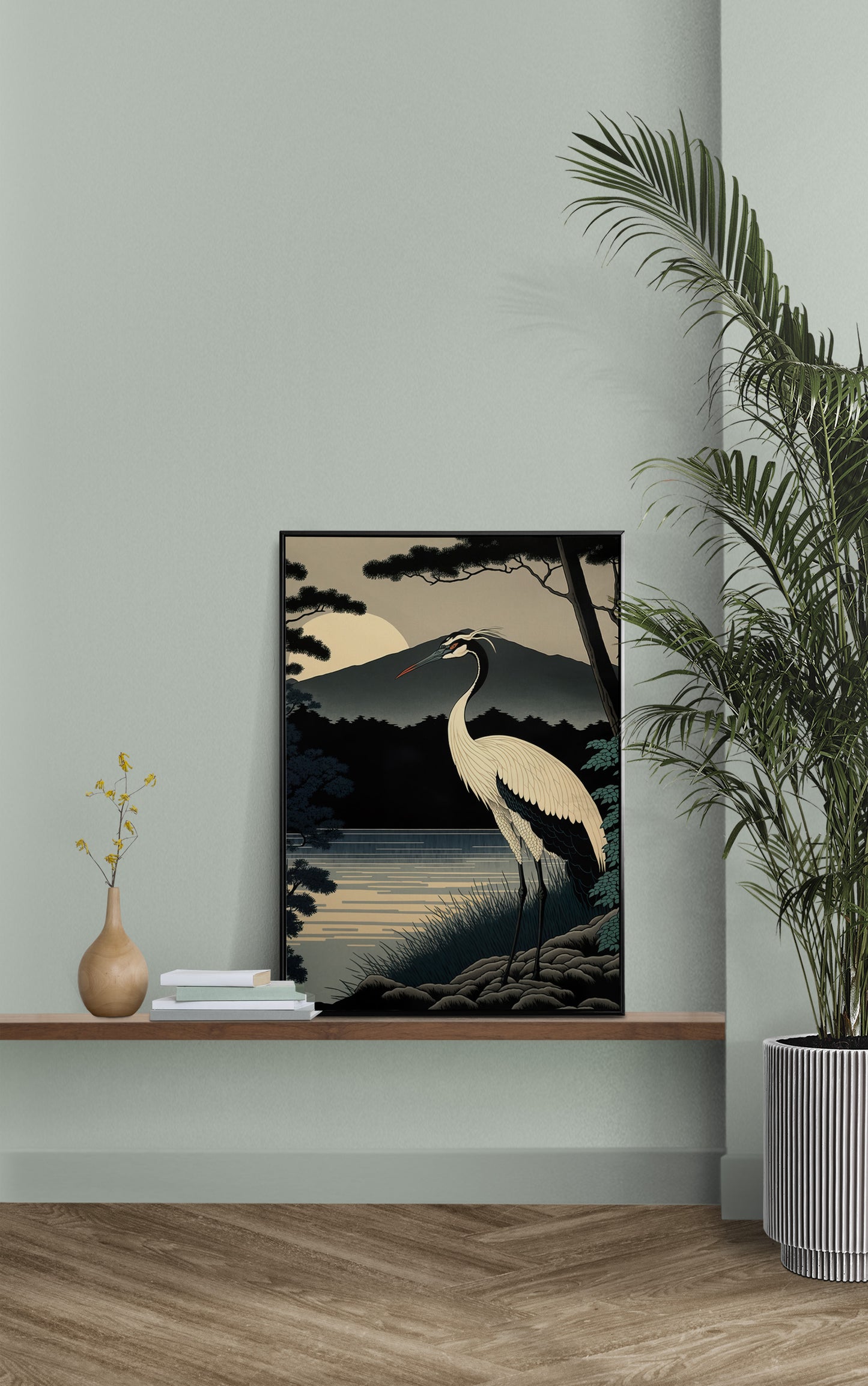 Japanese Crane Sunrise Poster, Japanese Art Style, Asian Wall Decoration, Frameable Japanese Wall Art