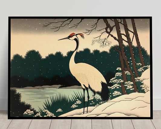 Japanese Crane Poster in Snowy Winter Landscape – Lake, Forest & Japanese Art Style – Asian Wall Decor