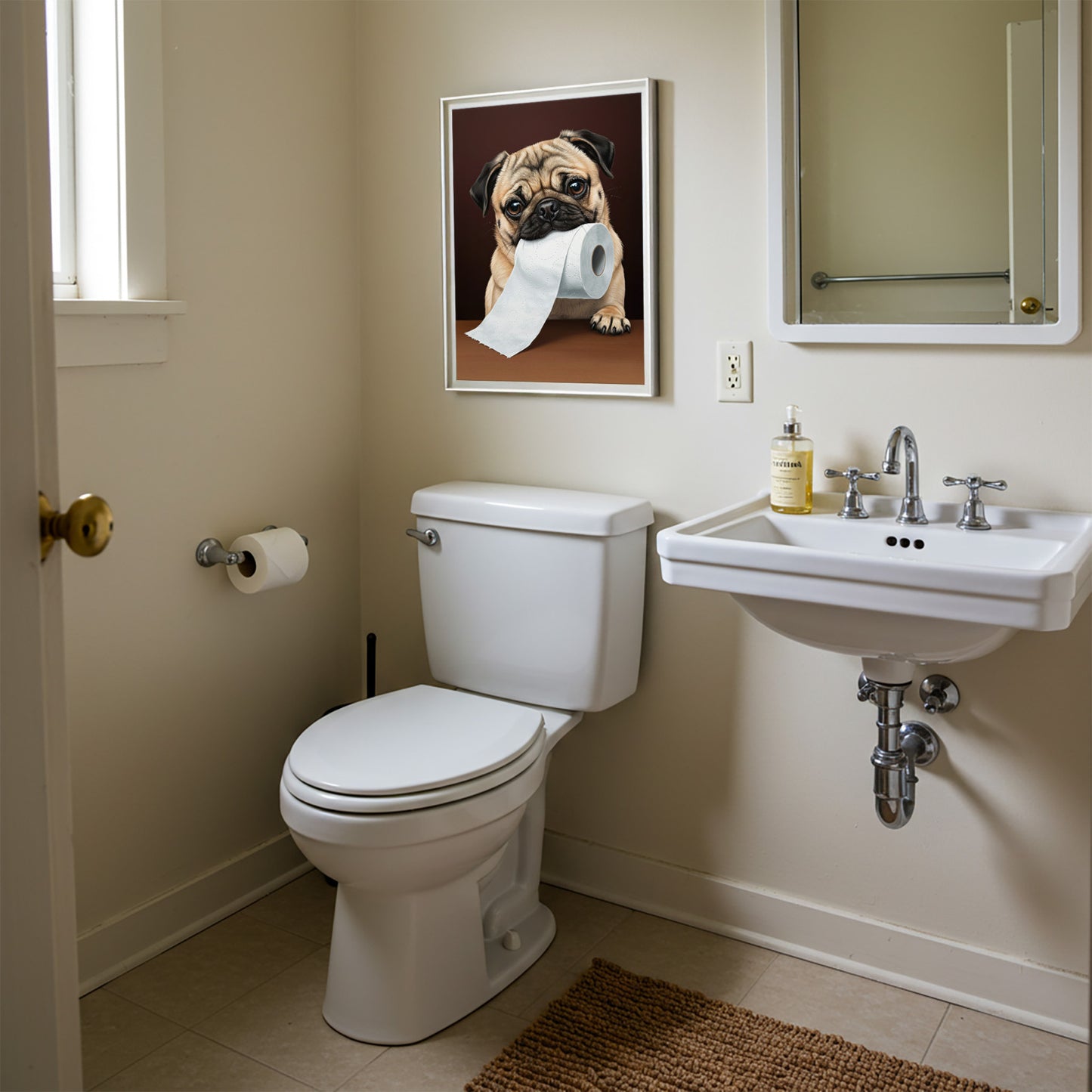 Carlin mordant un rouleau de papier toilette, Humour Toilettes, Poster WC, Cadeau Carlin, Affiche encadrée, Poster chien