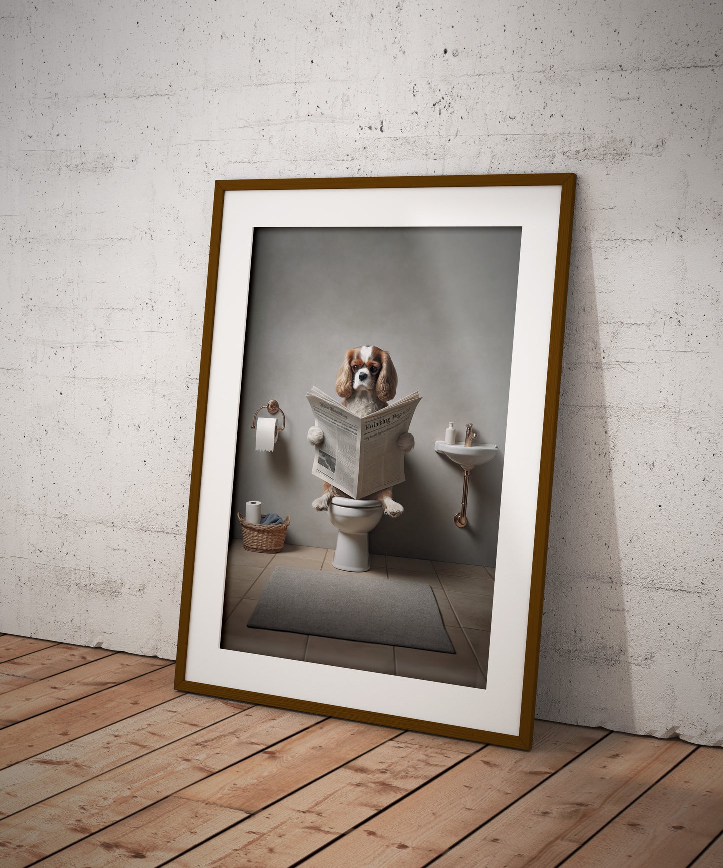 Cavalier King Charles Spaniel Reading Newspaper Poster - Fun Bathroom Wall Art Decor - Unique WC Gift