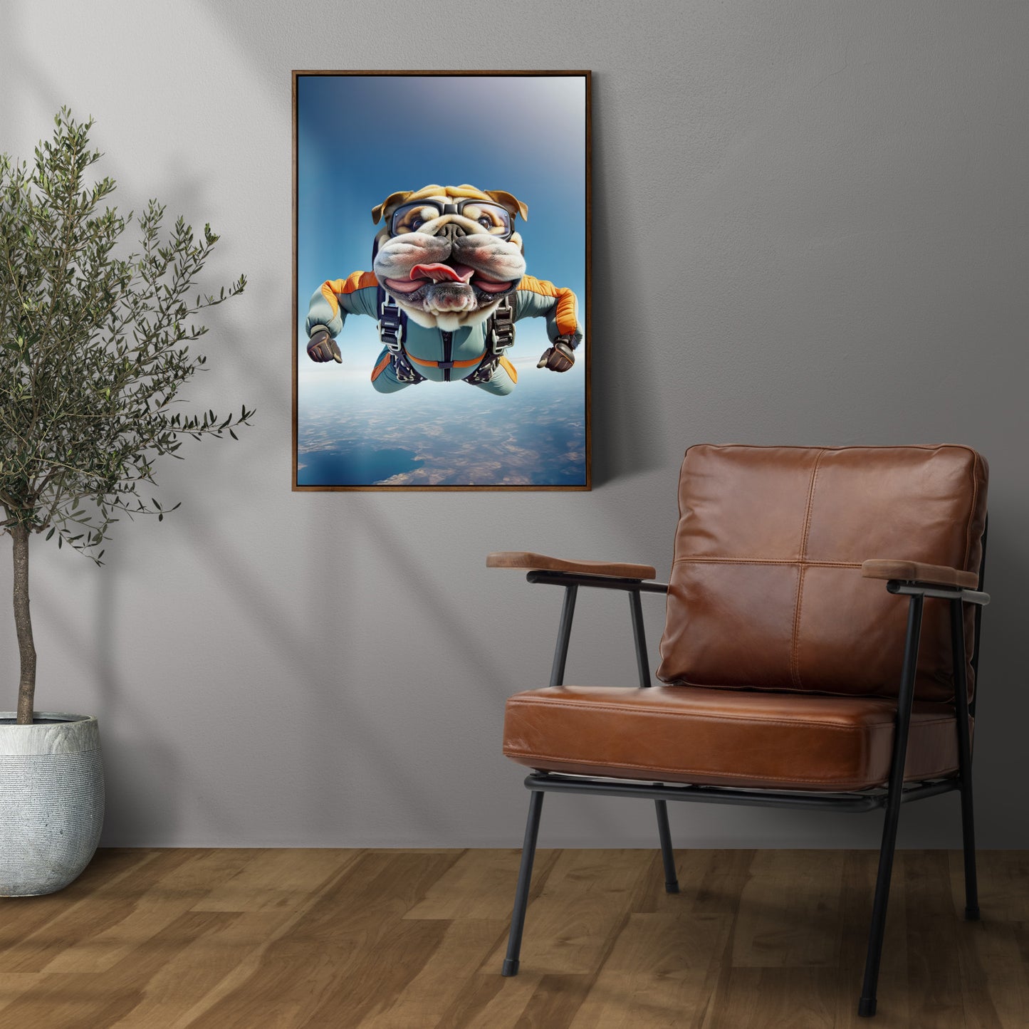 Affiche murale Bulldog Anglais en chute libre, Poster Saut en Parachute, Décor Animal Skydiving, Idée cadeau unique