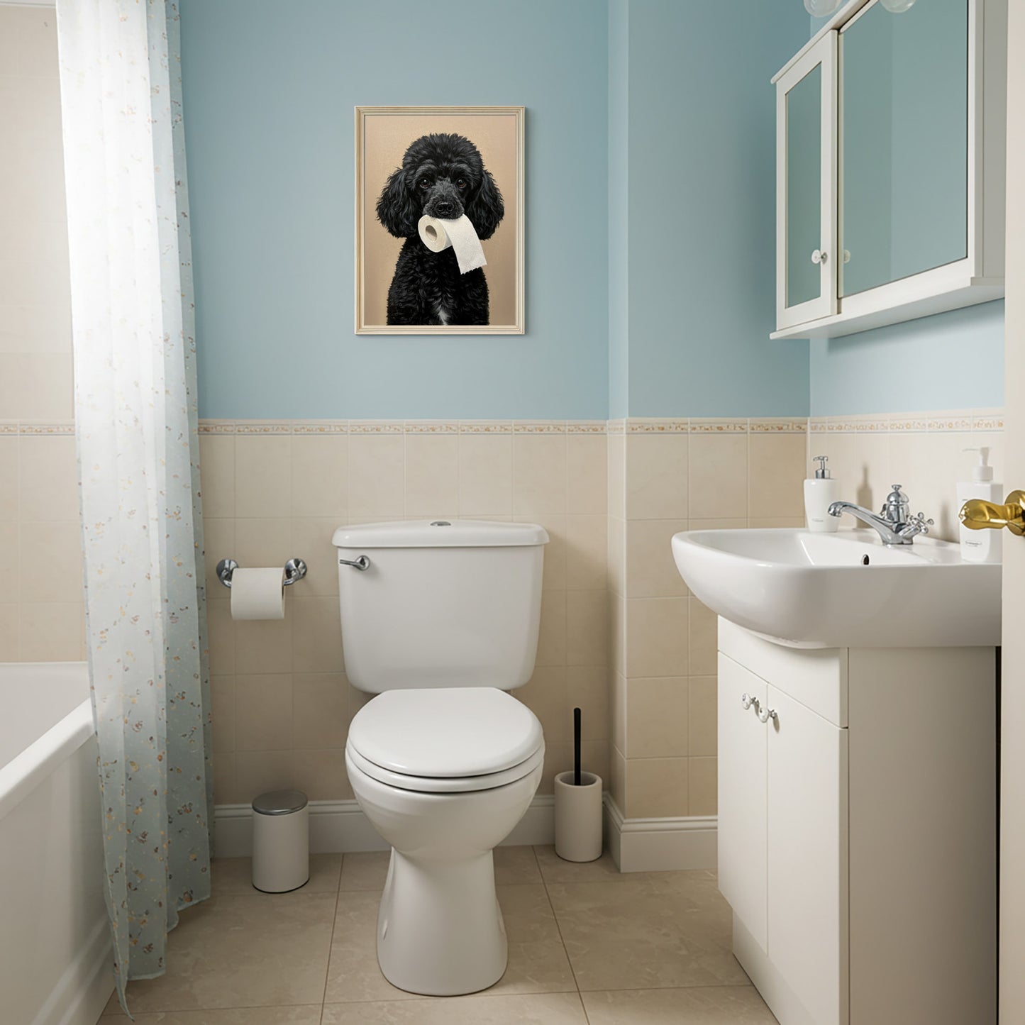 Caniche mordant un rouleau de papier toilette, Humour Toilettes, Poster WC, Cadeau Caniche, Affiche encadrée, Poster chien