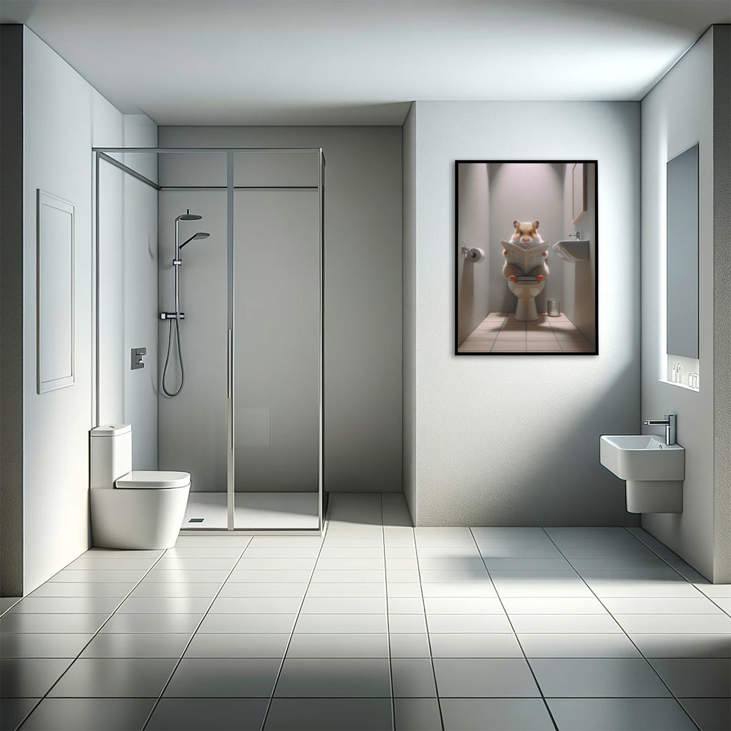 Hamster Reading Newspaper Poster - Funny Bathroom Wall Art, Unique WC Decor, Gag Gift for Toilet Room