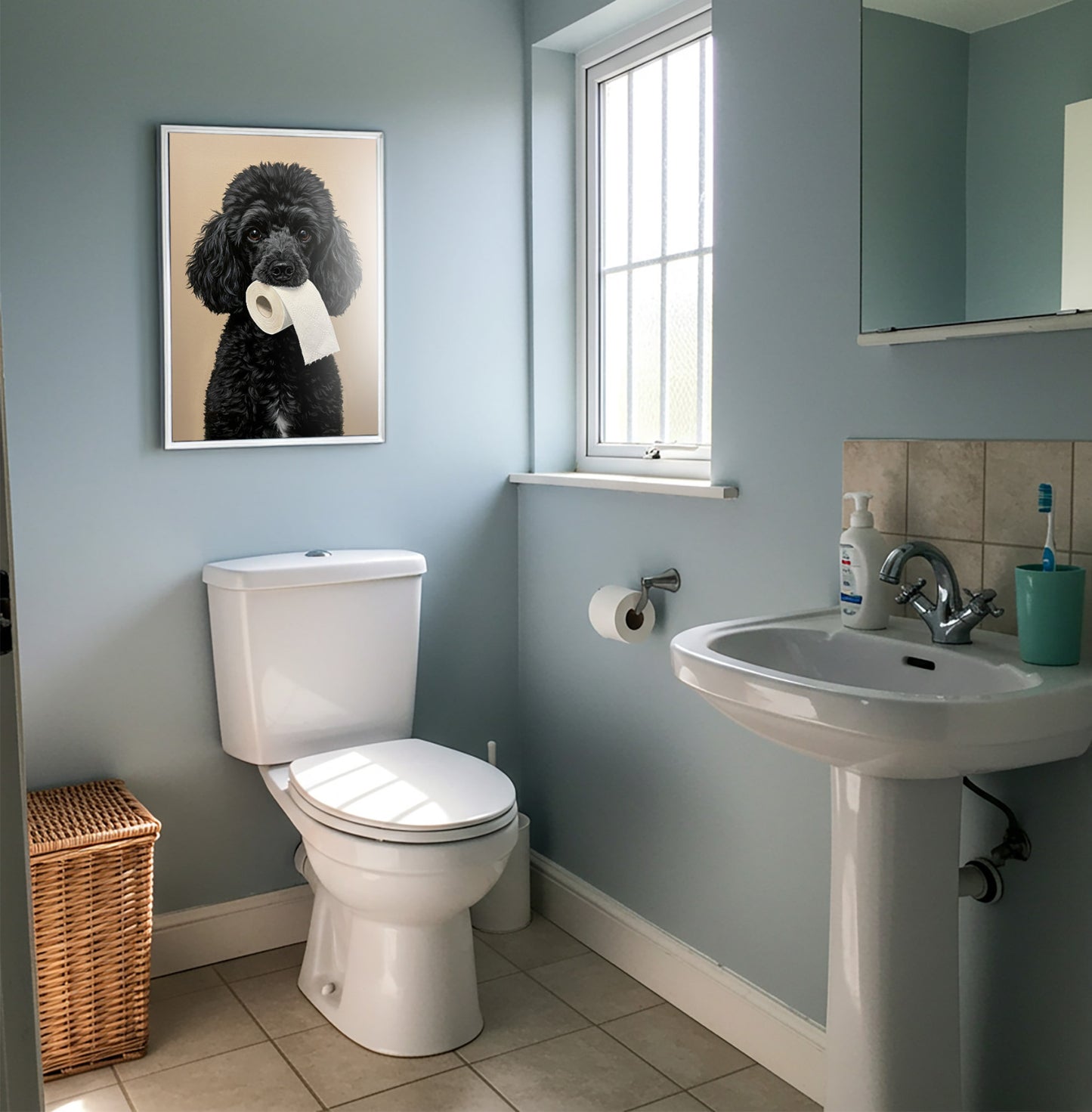 Caniche mordant un rouleau de papier toilette, Humour Toilettes, Poster WC, Cadeau Caniche, Affiche encadrée, Poster chien