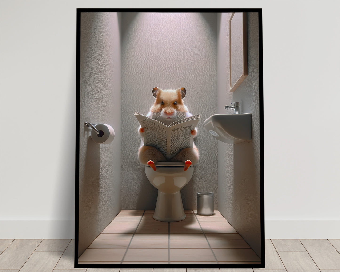 Hamster Reading Newspaper Poster - Funny Bathroom Wall Art, Unique WC Decor, Gag Gift for Toilet Room