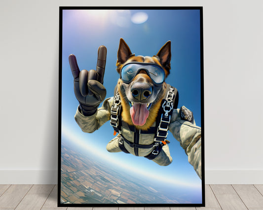 "Epic Skydiving Belgian Malinois Poster - Unique Animal Wall Art for Dog Lovers & Extreme Sports Decor"