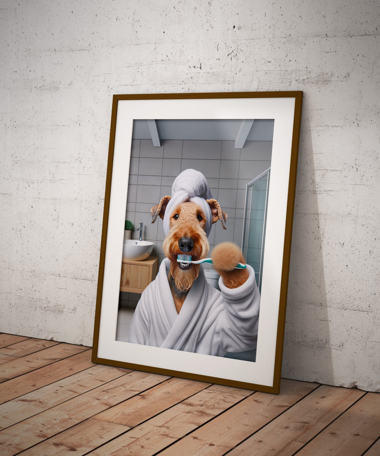 Portrait of a Airedale Brushing Teeth in Bathrobe – Funny Dog Bathroom Decor, Cute Poster, Airedale Print, Beagle Gift, Framed art