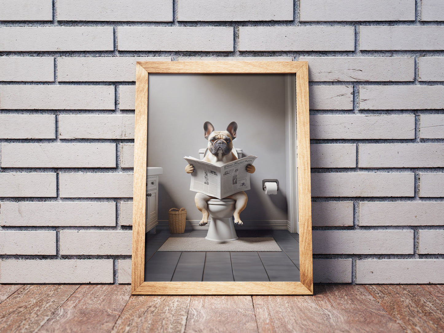Funny French Bulldog Reading Newspaper Poster – Bathroom Wall Art Decor, Gag Gift for WC/Toilet