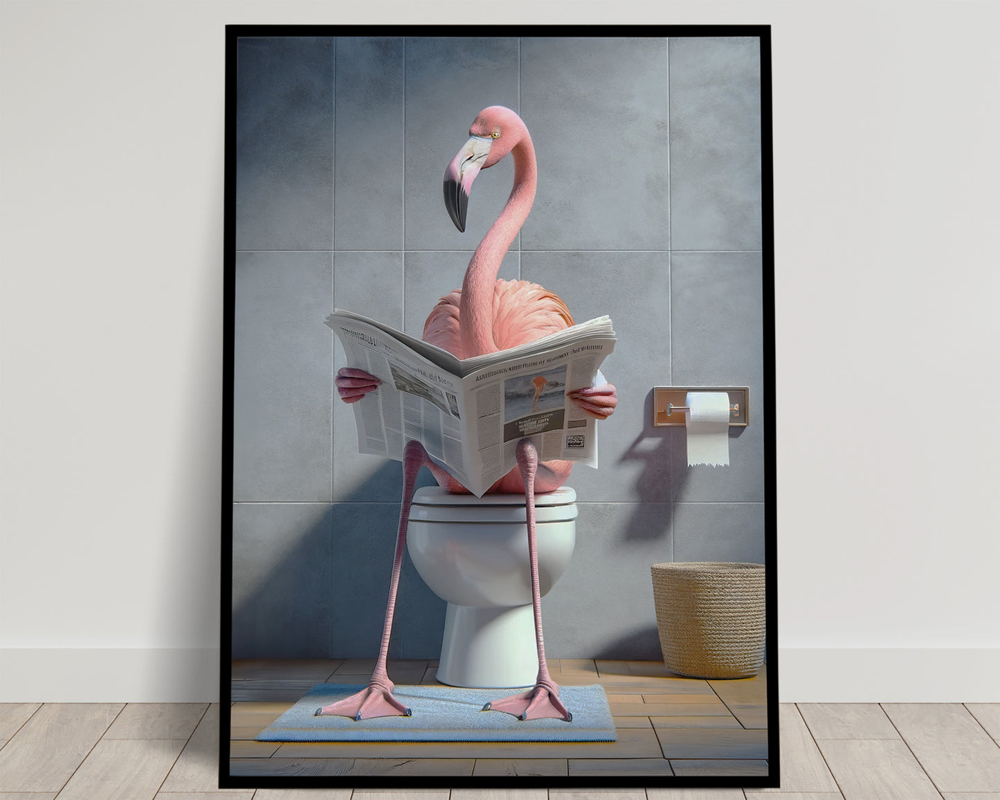 Flamingo Reading Newspaper Poster – Funny Bathroom Decor | Unique WC Wall Art | Gag Gift