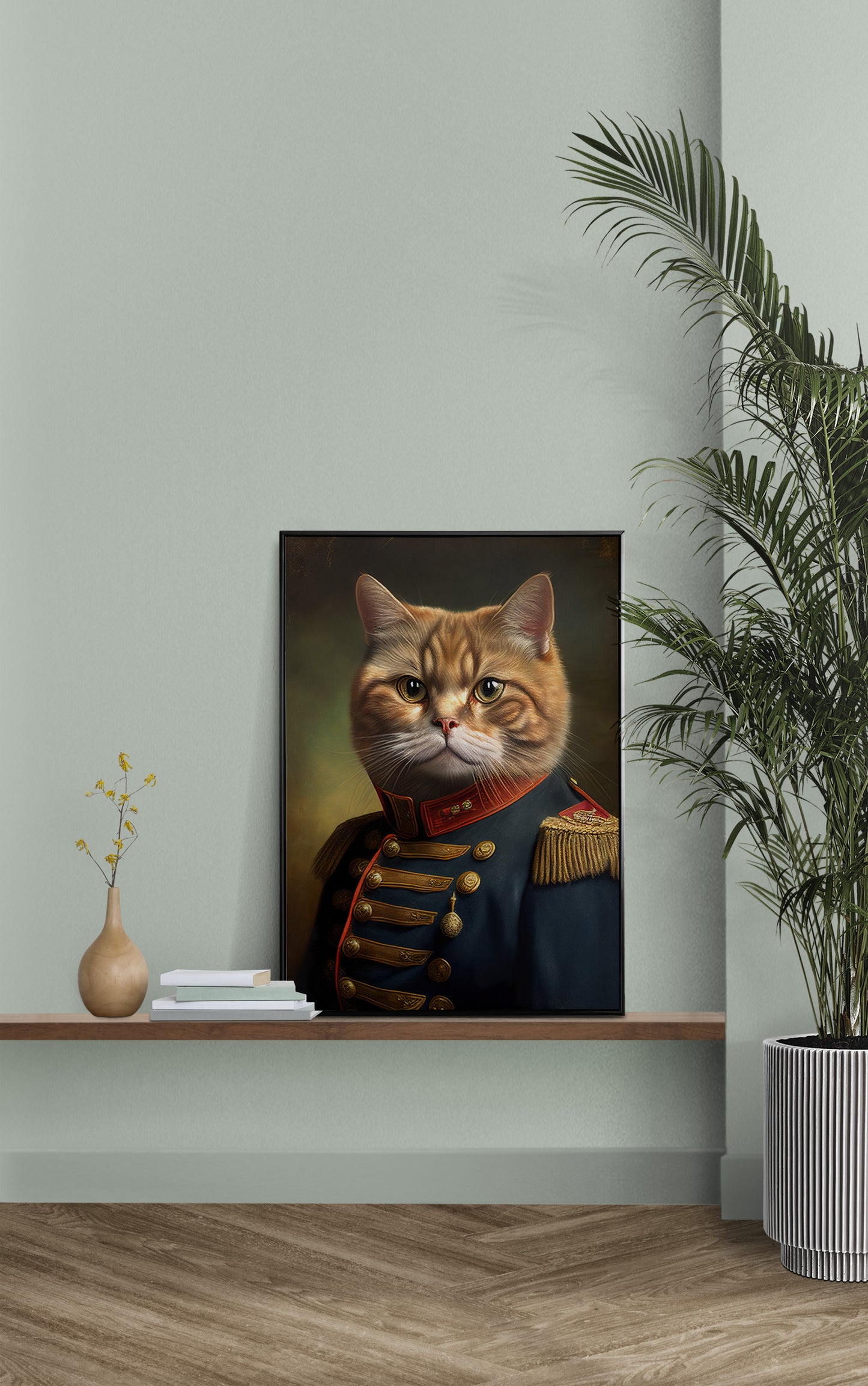 Poster Chat Roux en Uniforme Militaire - Décoration Murale Animaux, Affiche Félin à Encadrer, Toile Héros Chat