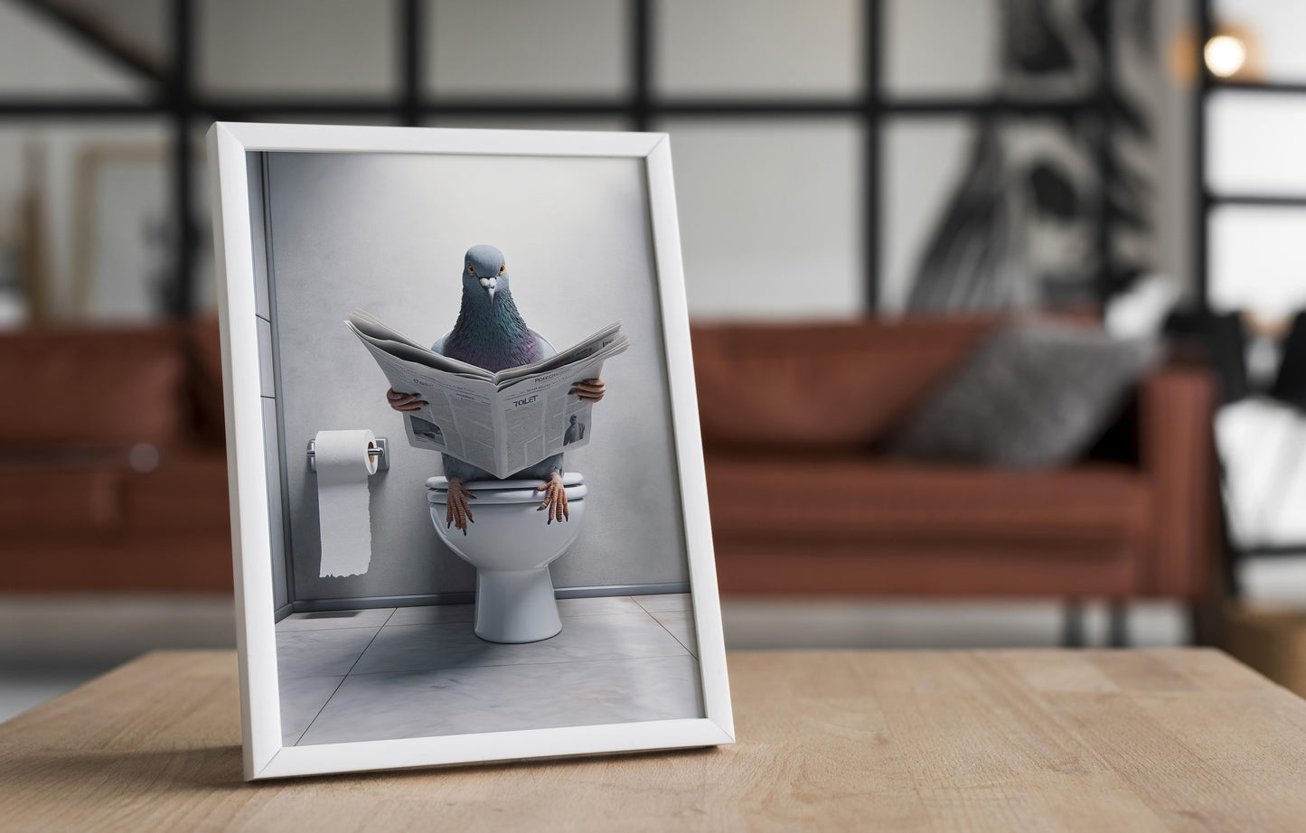 Funny Bathroom Wall Art - Pigeon Reading Newspaper Poster | Unique WC Toilet Decor | Humorous Gift Idea