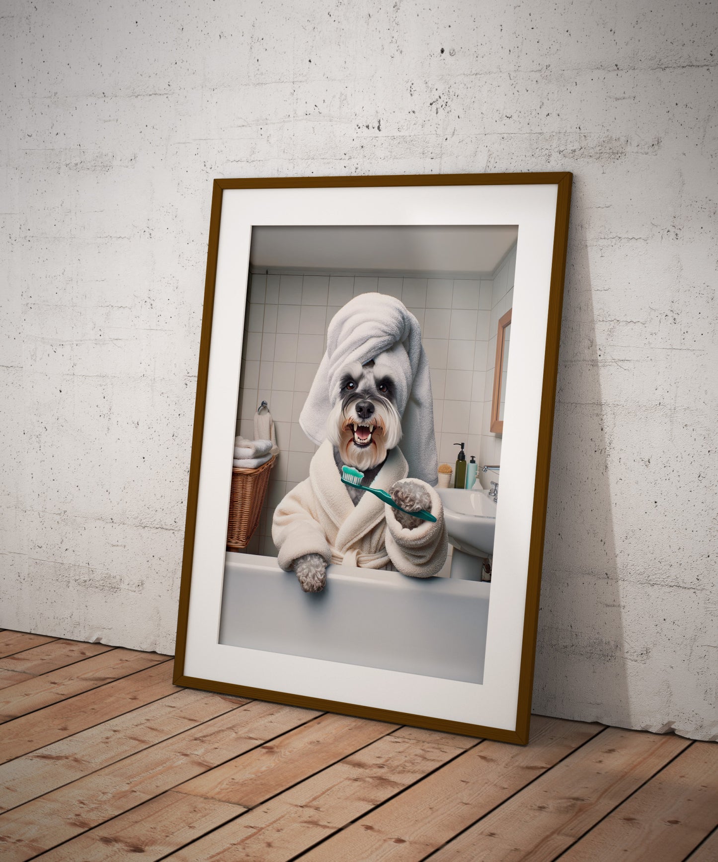 Portrait of a Schnauzer Brushing Teeth in Bathrobe – Funny Dog Bathroom Decor, Cute Poster, Schnauzer Print, Schnauzer Gift, Framed art