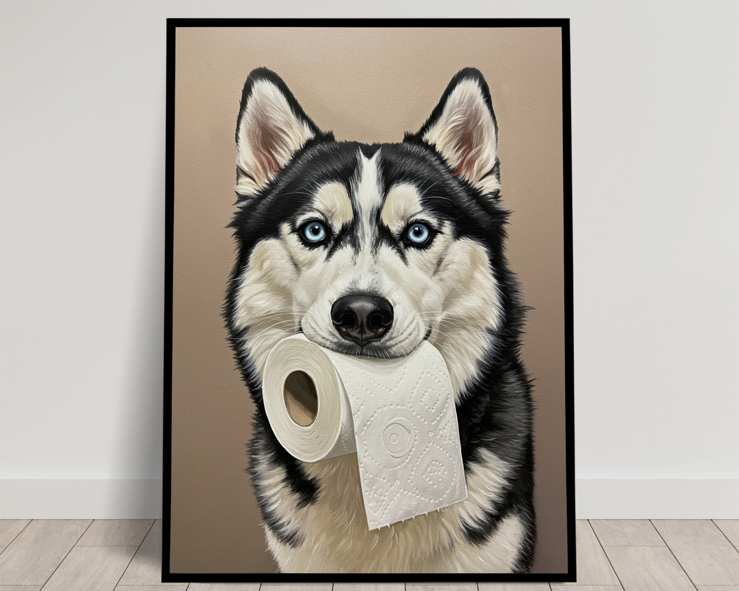Husky mordant un rouleau de papier toilette, Humour Toilettes, Poster WC, Cadeau Husky, Affiche encadrée, Poster chien