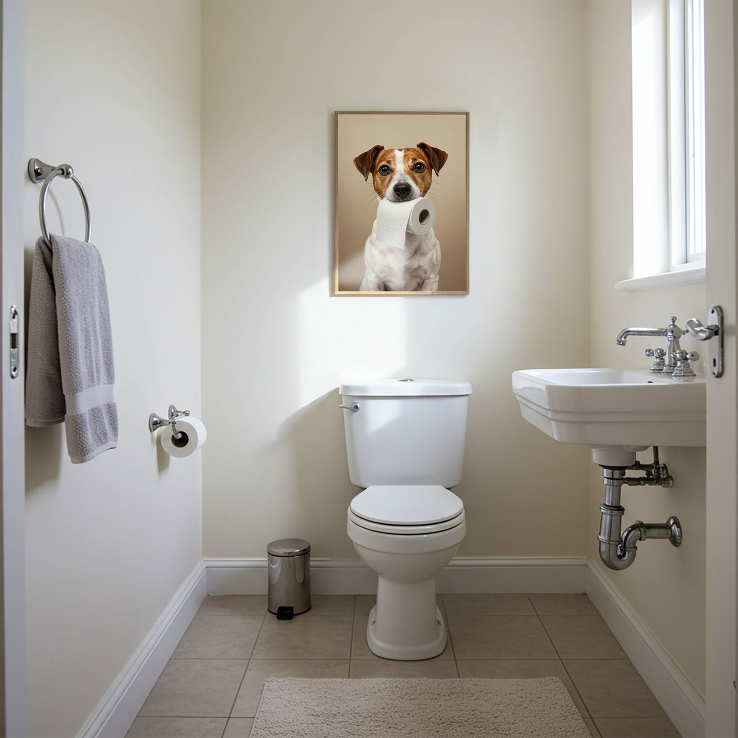 Jack Russell Terrier with toilet paper roll in mouth, Toilet Humor, JRT Gifts, Bathroom Print, Dog Lover Gift, WC Wall Art, Framed Print