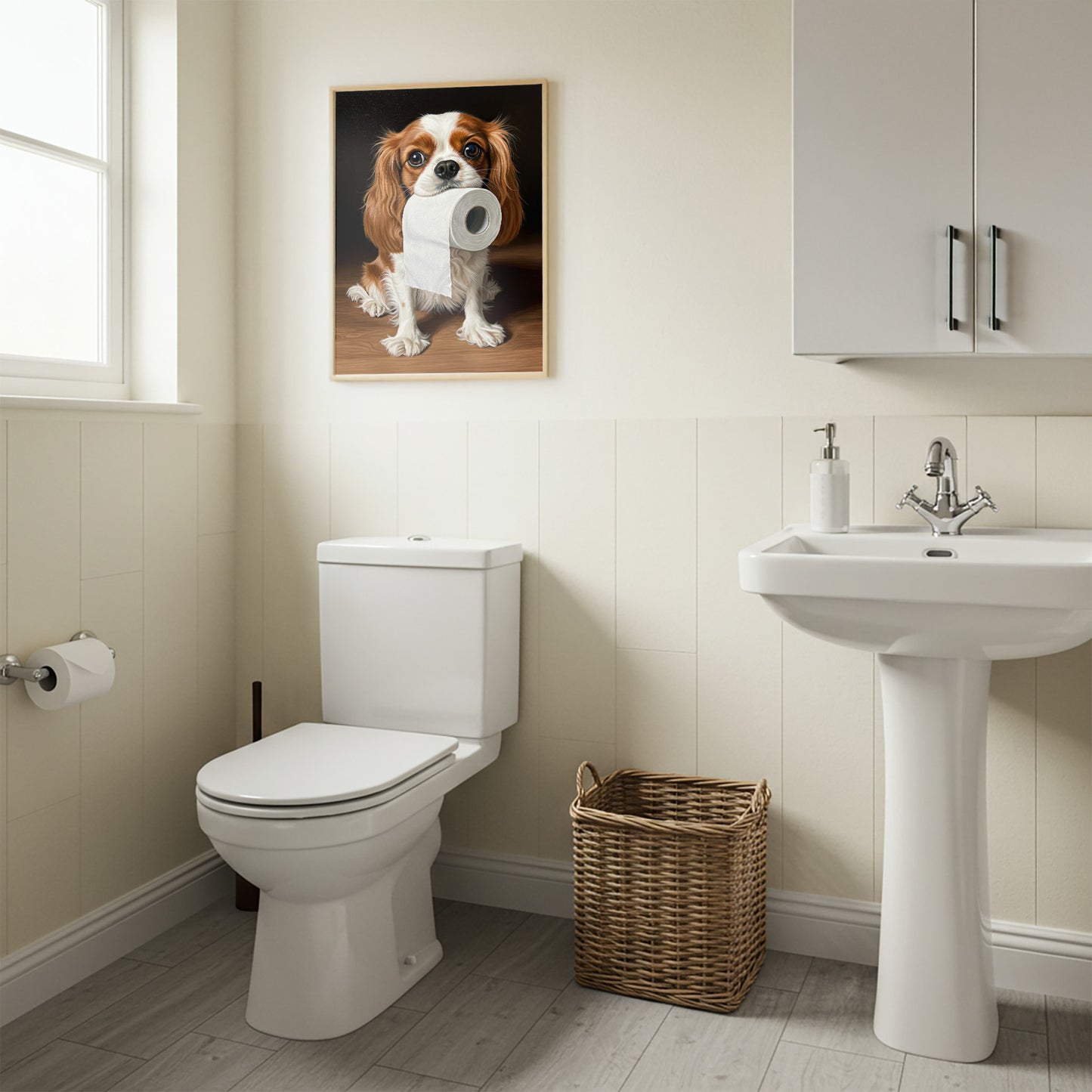 Cavalier King Charles Spaniel with toilet paper roll in mouth, Toilet Humor, CKCS Gifts, Bathroom Print, Dog Gift, WC Wall Art, Framed Print