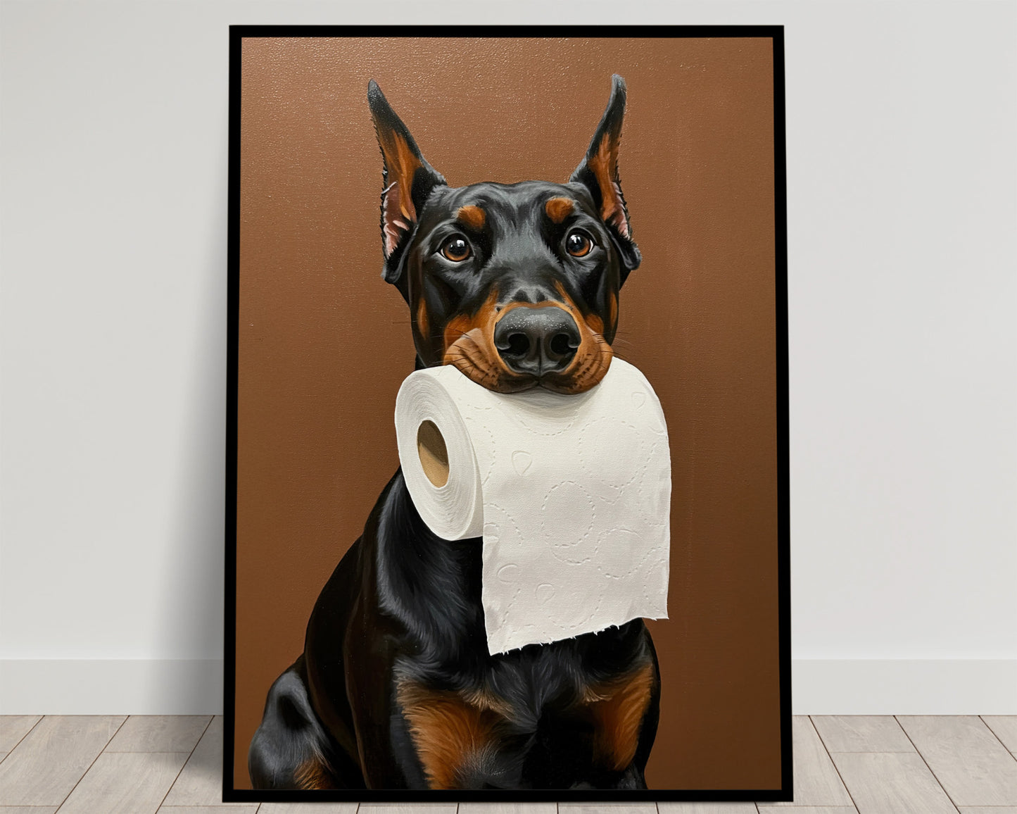 Dobermann Pinscher mordant un rouleau de papier toilette, Humour Toilettes, Poster WC, Cadeau Dobermann, Affiche encadrée, Poster chien