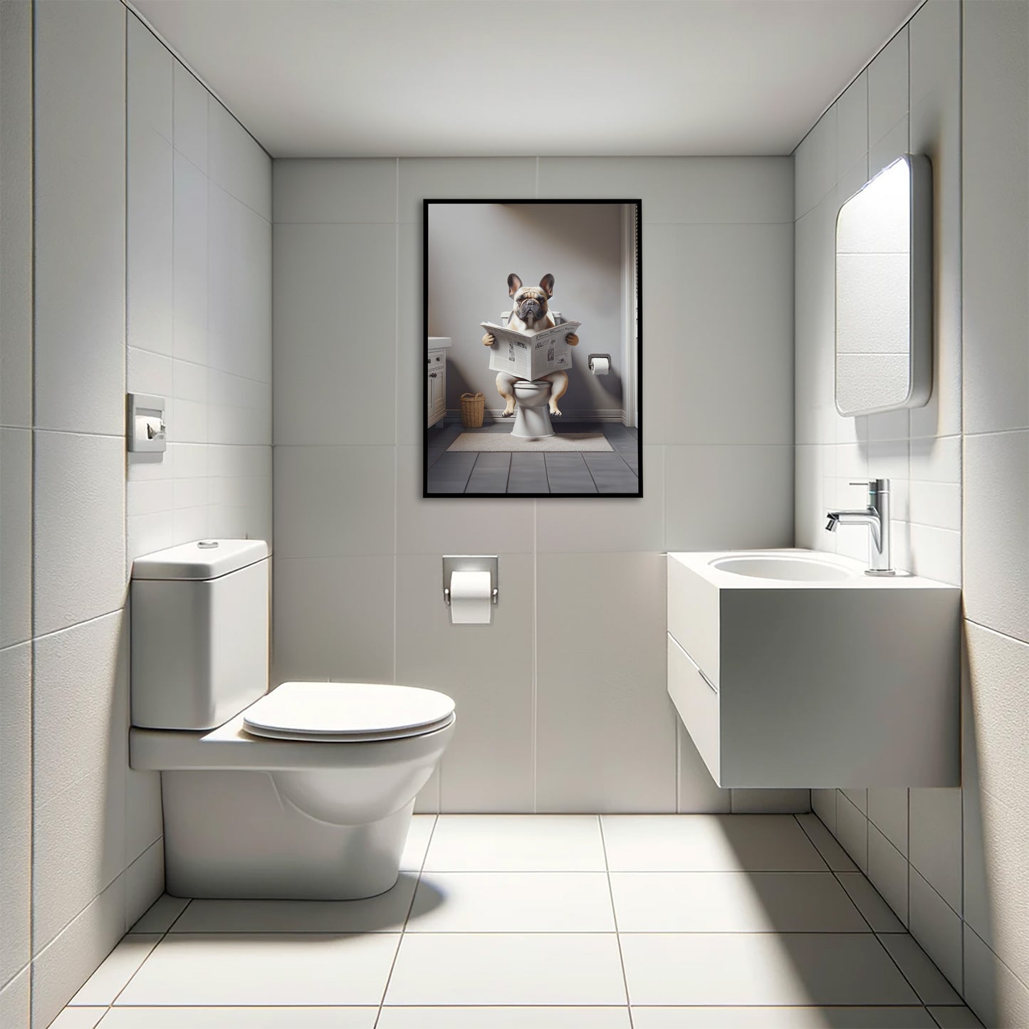 Funny French Bulldog Reading Newspaper Poster – Bathroom Wall Art Decor, Gag Gift for WC/Toilet