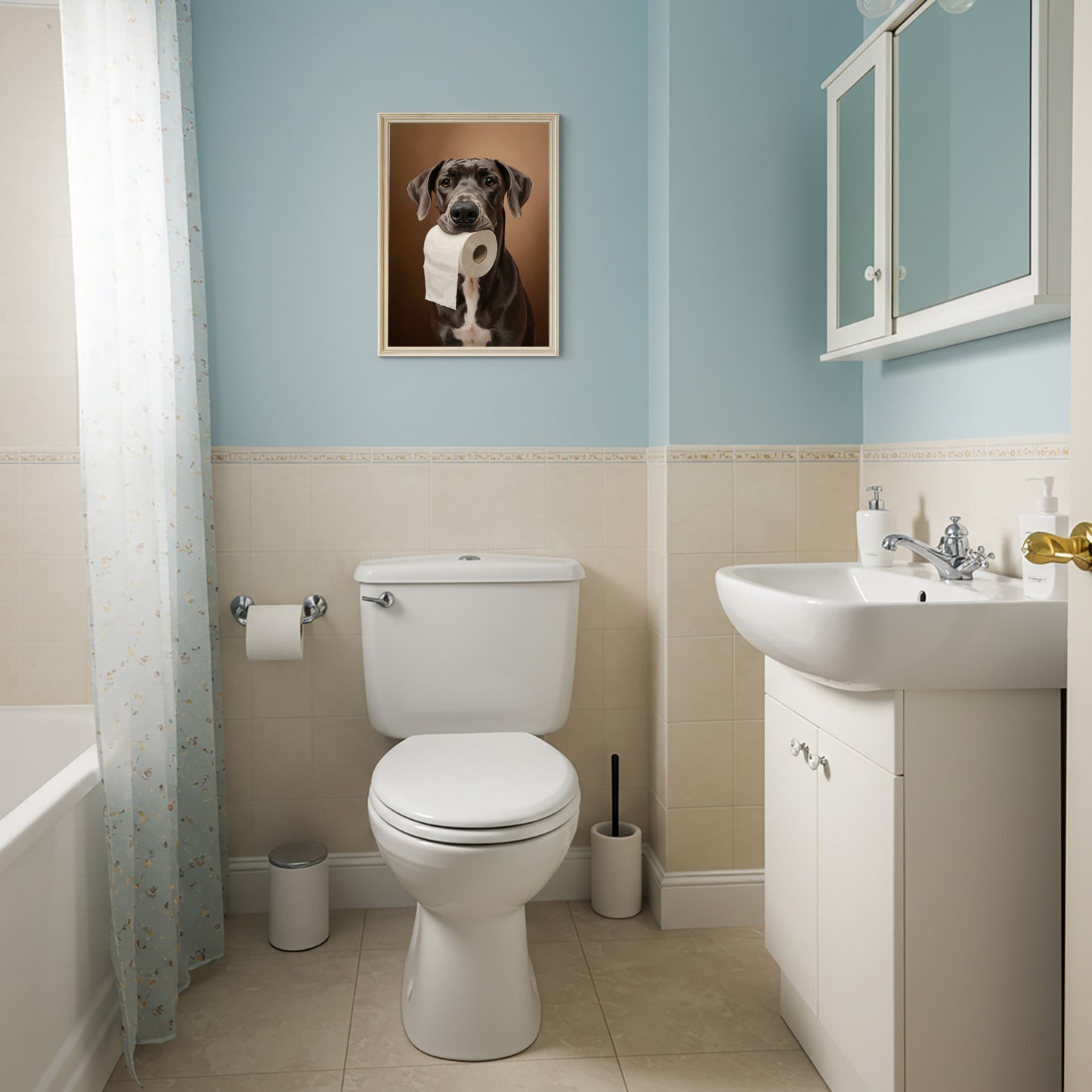 Dogue allemand mordant un rouleau de papier toilette, Humour Toilettes, Poster WC, Cadeau Grand danois, Affiche encadrée, Poster chien