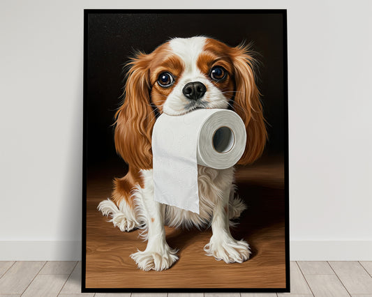 Poster chien Cavalier King Charles drôle pour toilettes – Affiche murale humour WC, décoration, idée cadeau encadrée CKCS