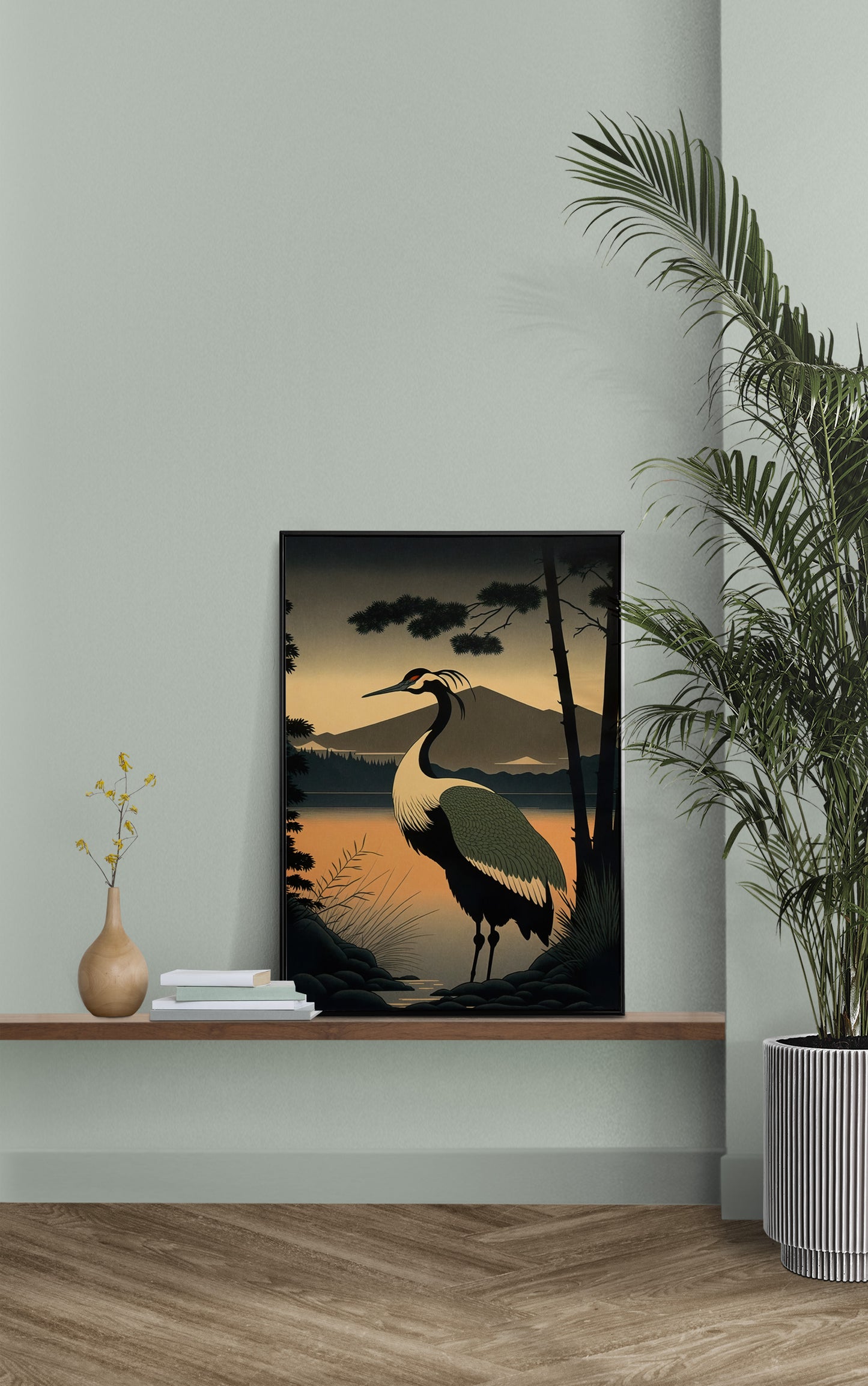 Japanese Crane at Sunrise Poster - Asian Art, Wall Decoration, Japanese Style Print, Elegant Home Decor