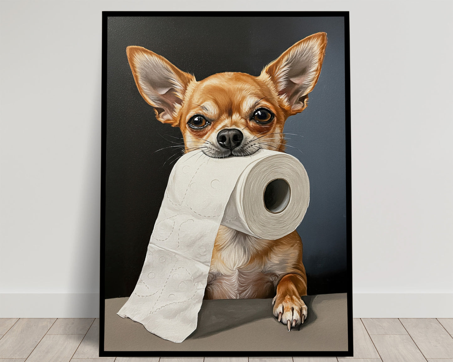 Chihuahua mordant un rouleau de papier toilette, Humour Toilettes, Poster WC, Cadeau Chihuahua, Affiche encadrée, Poster chien