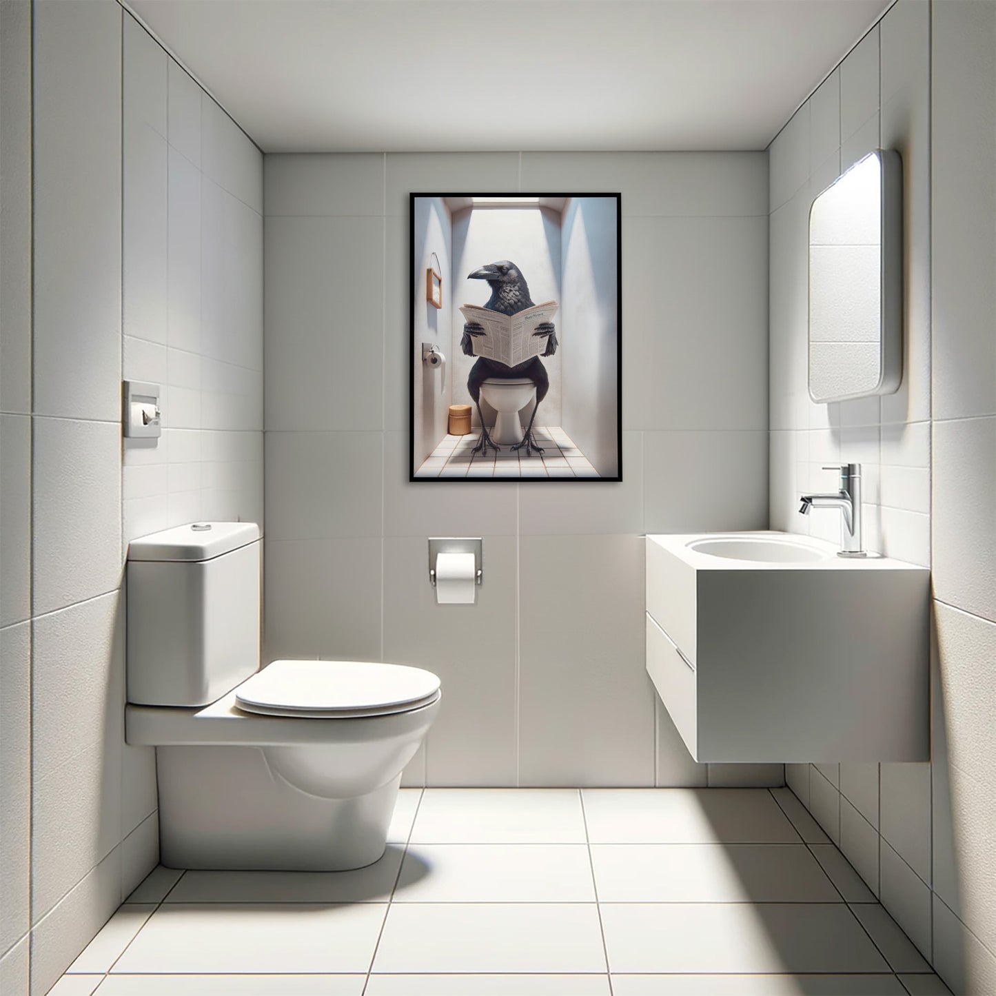 Poster Humour Corneille lisant le journal sur toilettes, Décoration Salle de Bain, Cadeau Amusant, Art Mural WC