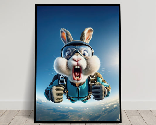 Epic Skydiving Rabbit Poster – Unique Animal Print Wall Art for Extreme Sport Decor & Animal Lover Gift