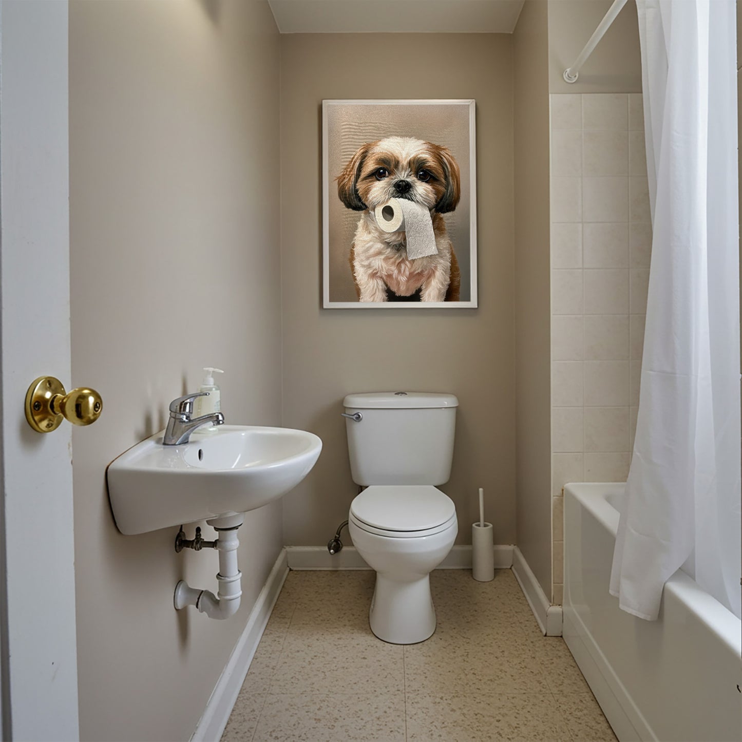 Shih Tzu mordant un rouleau de papier toilette, Humour Toilettes, Poster WC, Cadeau Shih Tzu, Affiche encadrée, Poster chien