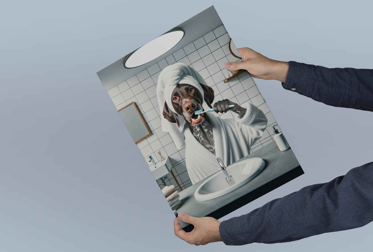 Portrait of a GSP Brushing Teeth in Bathrobe – Funny Dog Bathroom Decor, Cute Poster, GSP Print, German Shorthaired Pointer Gift, Framed art