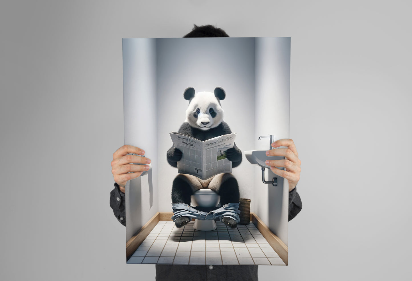 Panda Reading Newspaper Toilet Poster - Funny Bathroom Wall Art - Unique Gift Idea