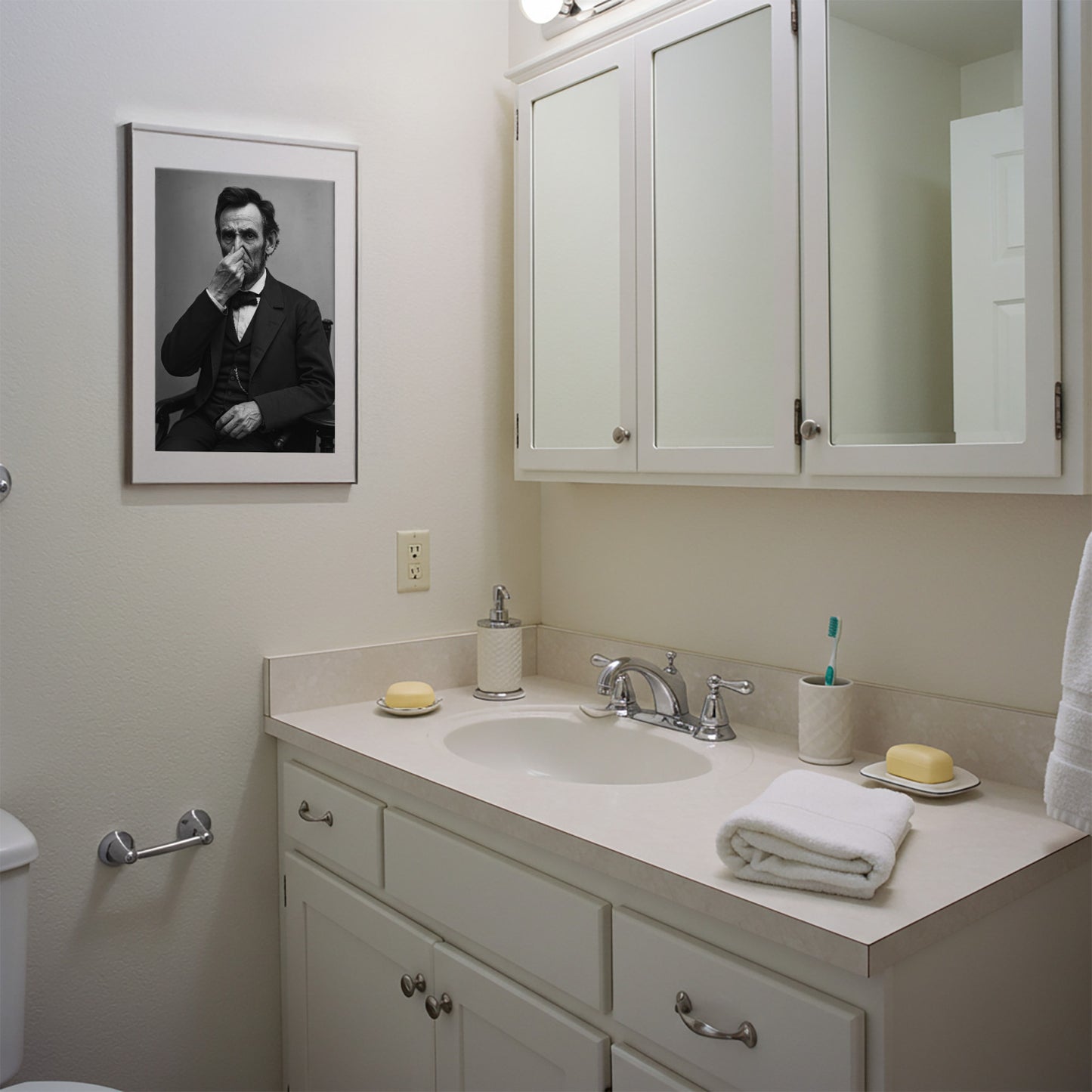 Funny Abraham Lincoln Bathroom Poster – Quirky Toilet Humor Wall Art, President Parody, Framed Restroom Decor, Unique Gag Gift