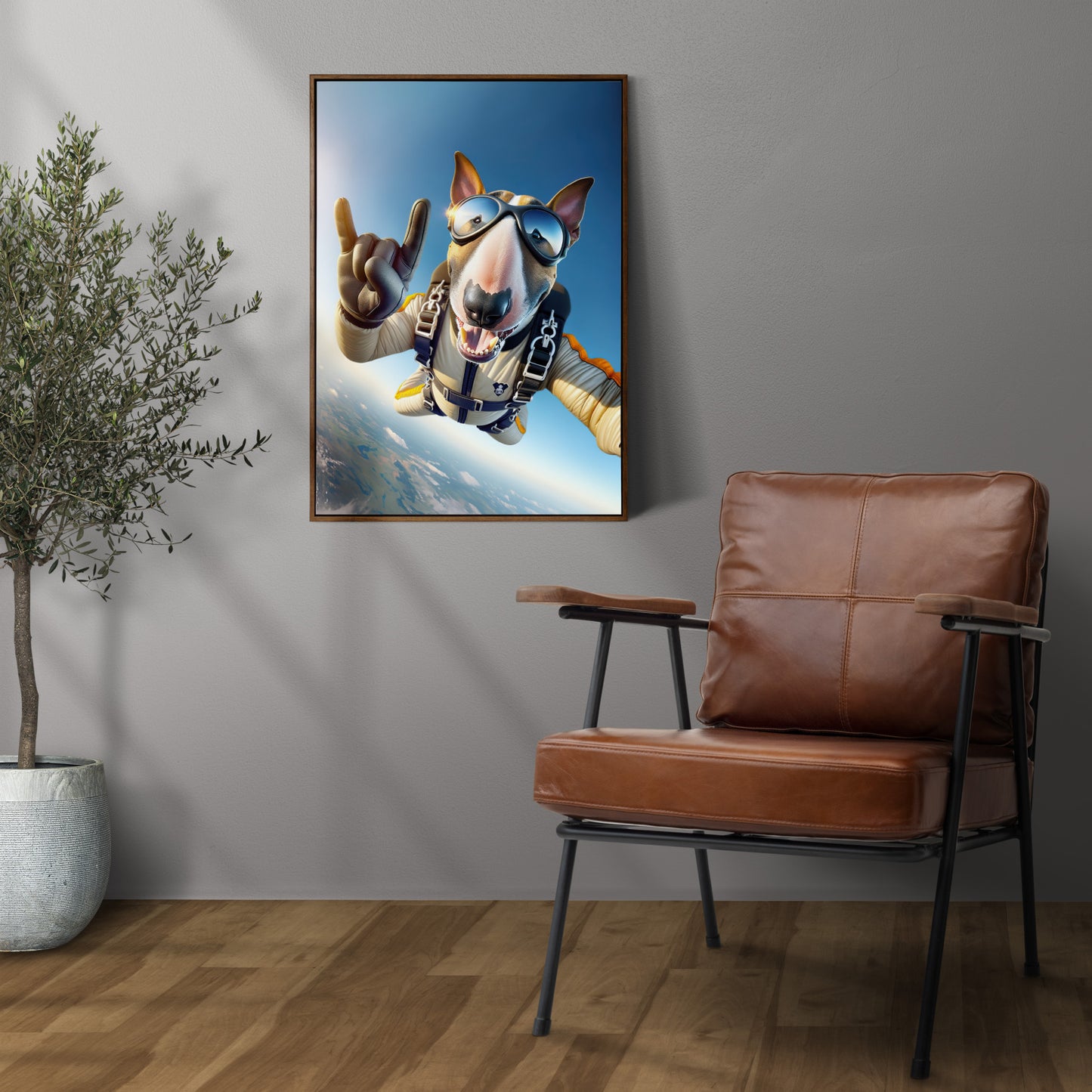 Affiche Bull Terrier Saut en Parachute - Poster Animal Extrême, Décoration Murale Sport, Idée Cadeau Originale
