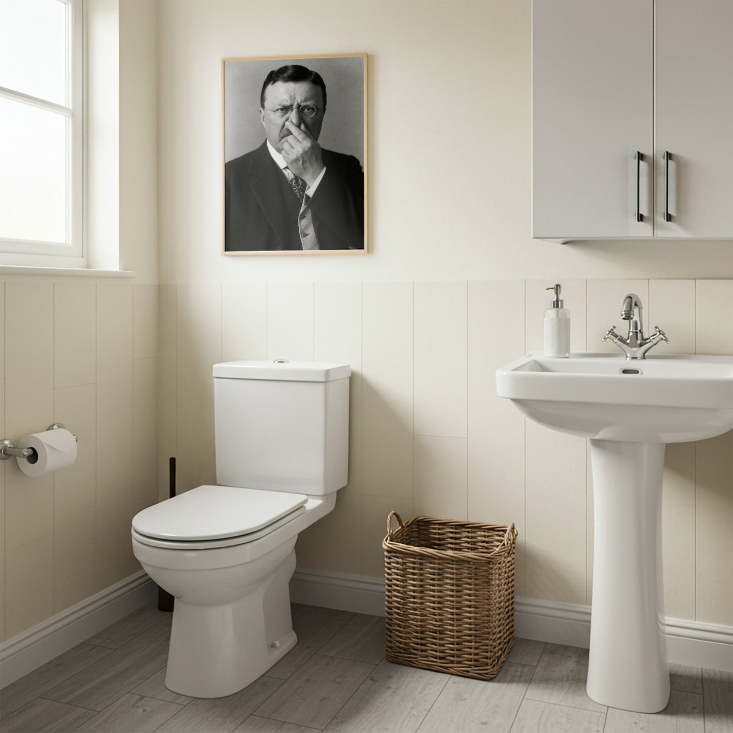 Funny Teddy Roosevelt Bathroom Poster – Humorous Toilet Wall Art, Quirky Parody Decor, Unique Framed Gift for Restroom or Home