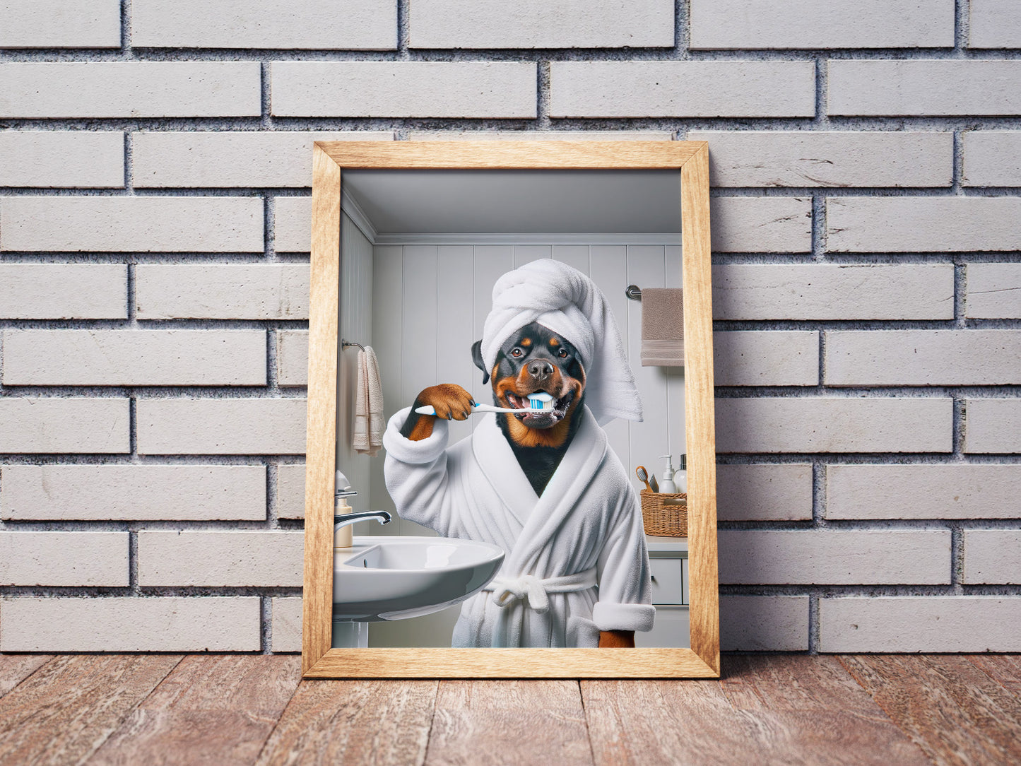 Portrait d'un Rottweiler se brossant les dents en peignoir, Cadre Salle de bain, Déco Humour, Poster SDB, Cadeau Fun, Affiche encadrée
