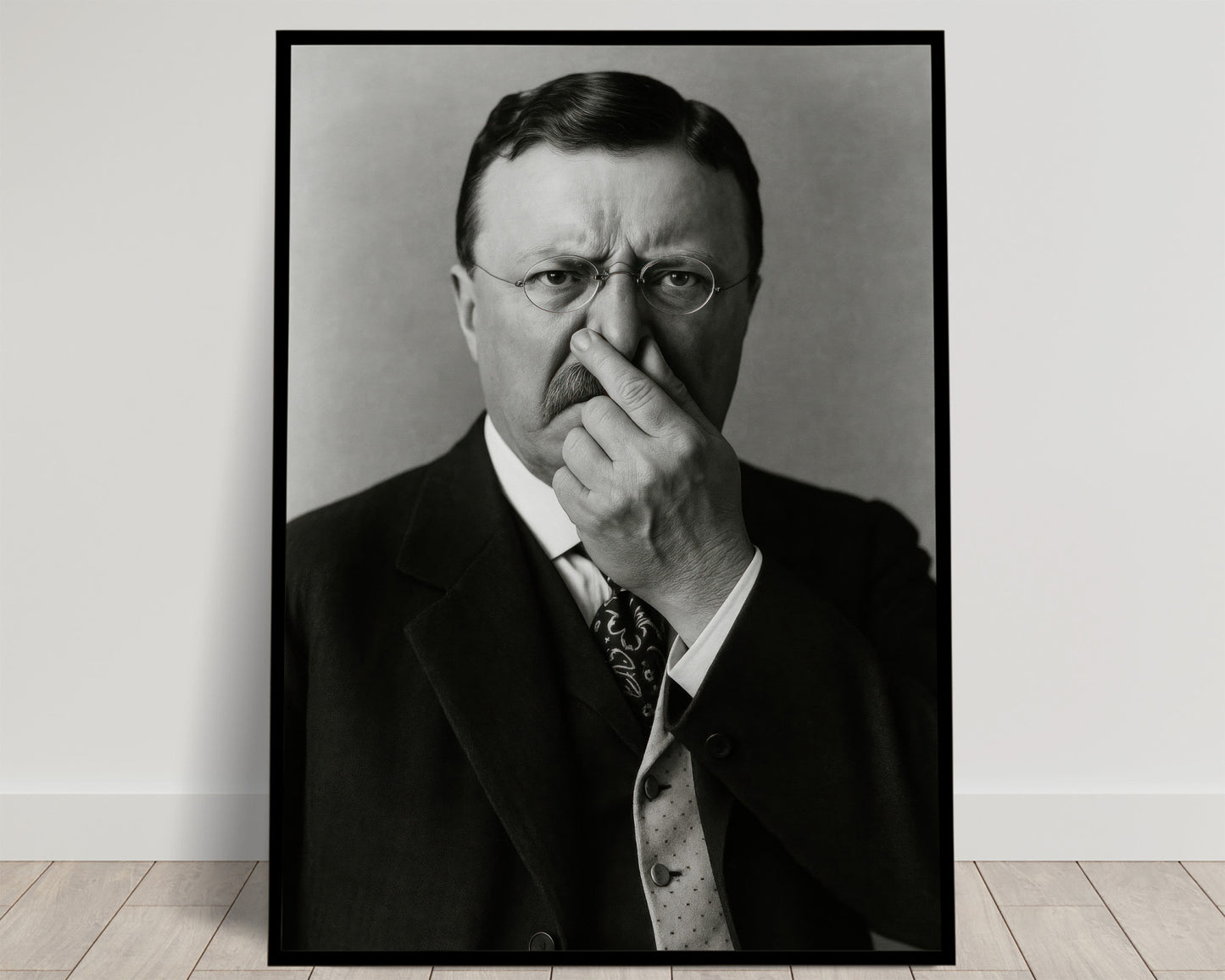 Funny Teddy Roosevelt Bathroom Poster – Humorous Toilet Wall Art, Quirky Parody Decor, Unique Framed Gift for Restroom or Home