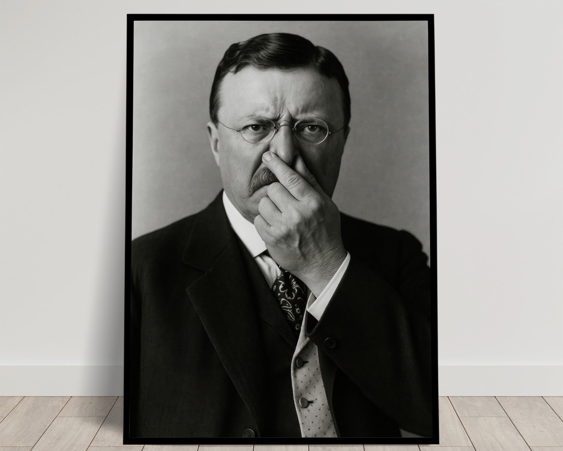 Funny Teddy Roosevelt Bathroom Poster – Humorous Toilet Wall Art, Quirky Parody Decor, Unique Framed Gift for Restroom or Home