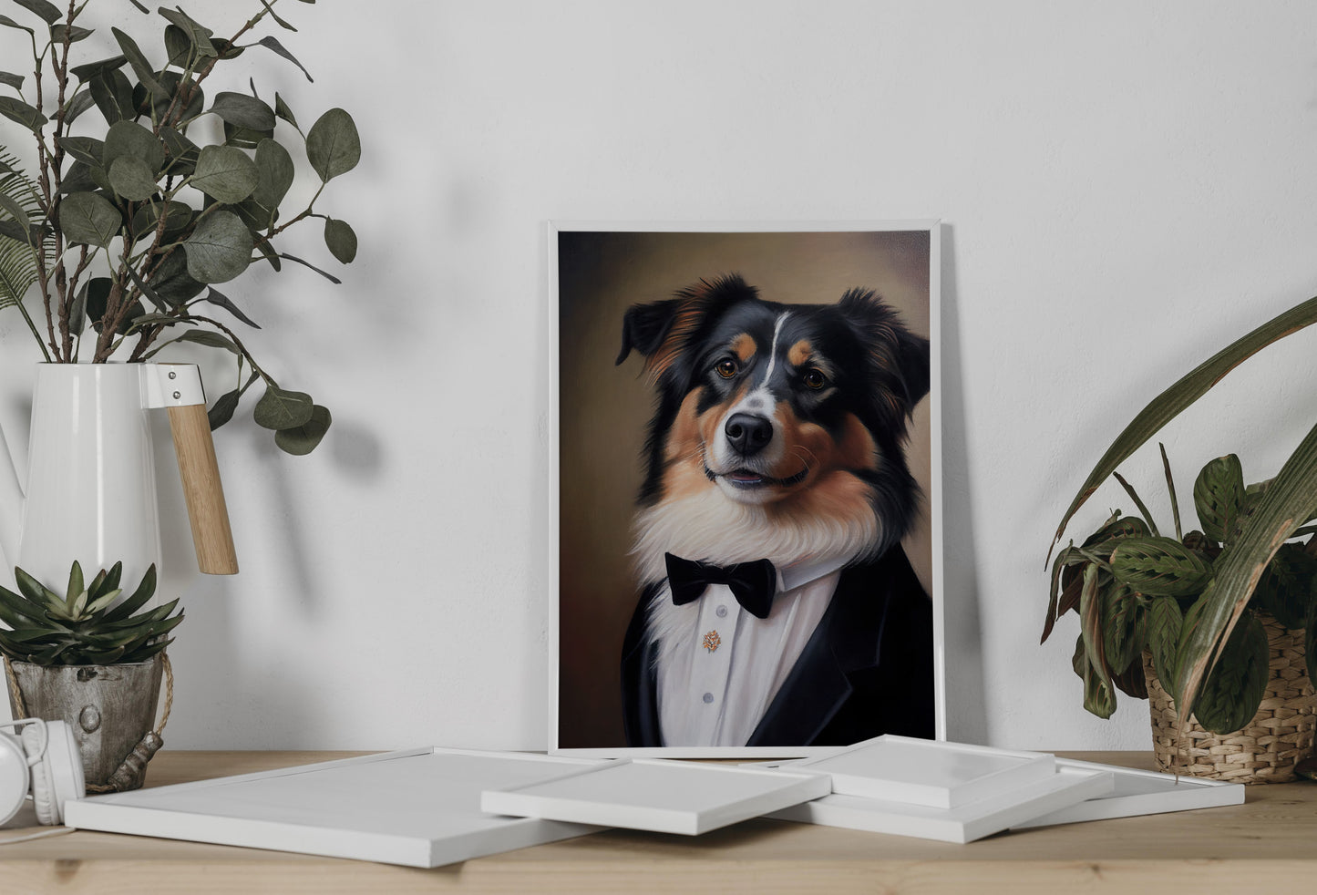 Poster Chien Chic - Portrait Berger Australien en Smoking, Tableau Humour, Décoration Murale