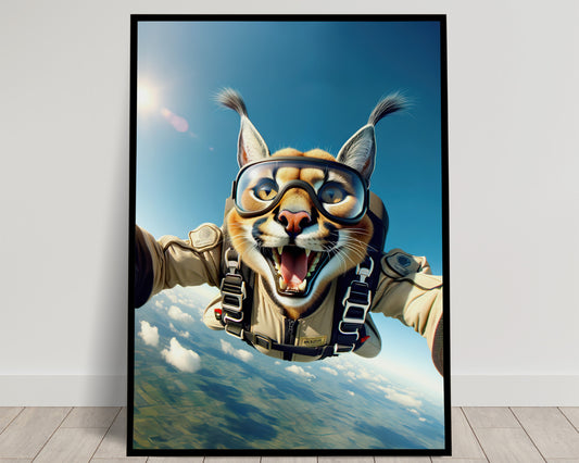 Skydiving Caracal Poster - Epic Animal Wall Art | Extreme Sport Decor | Unique Gift for Animal Lovers