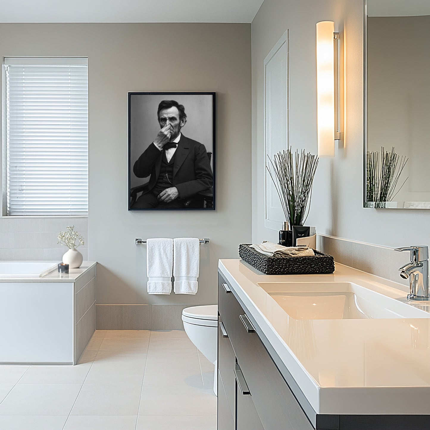 Funny Abraham Lincoln Bathroom Poster – Quirky Toilet Humor Wall Art, President Parody, Framed Restroom Decor, Unique Gag Gift