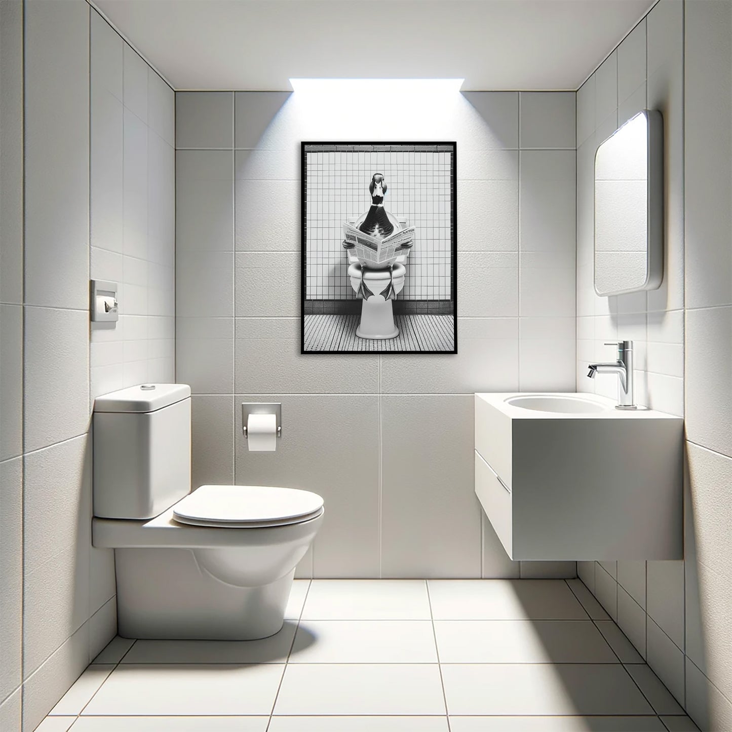 Funny Duck Poster for Bathroom - Black and White Reading Duck Wall Art - Fun WC Toilet Decor - Unique Gift Idea