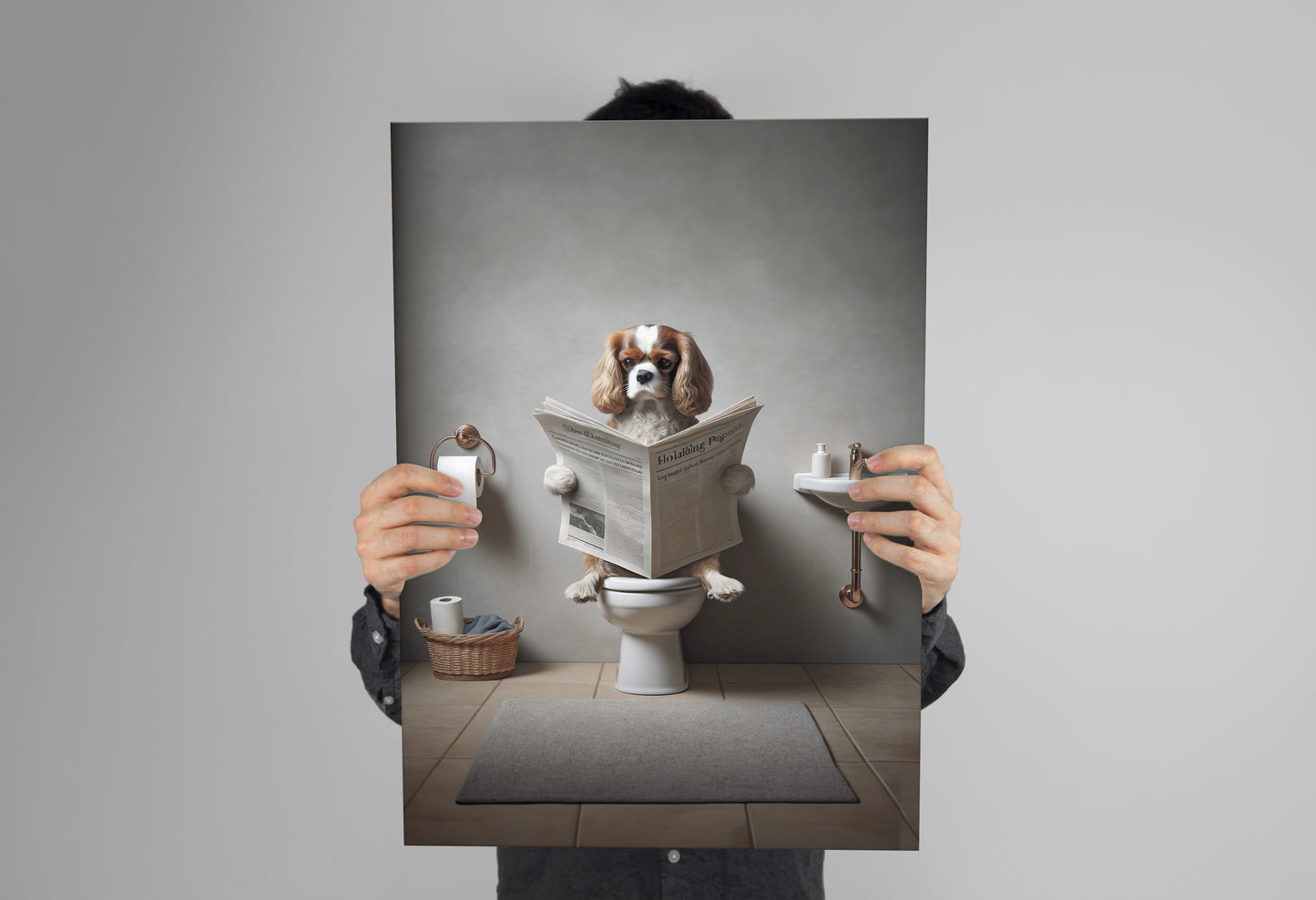 Cavalier King Charles Spaniel Reading Newspaper Poster - Fun Bathroom Wall Art Decor - Unique WC Gift