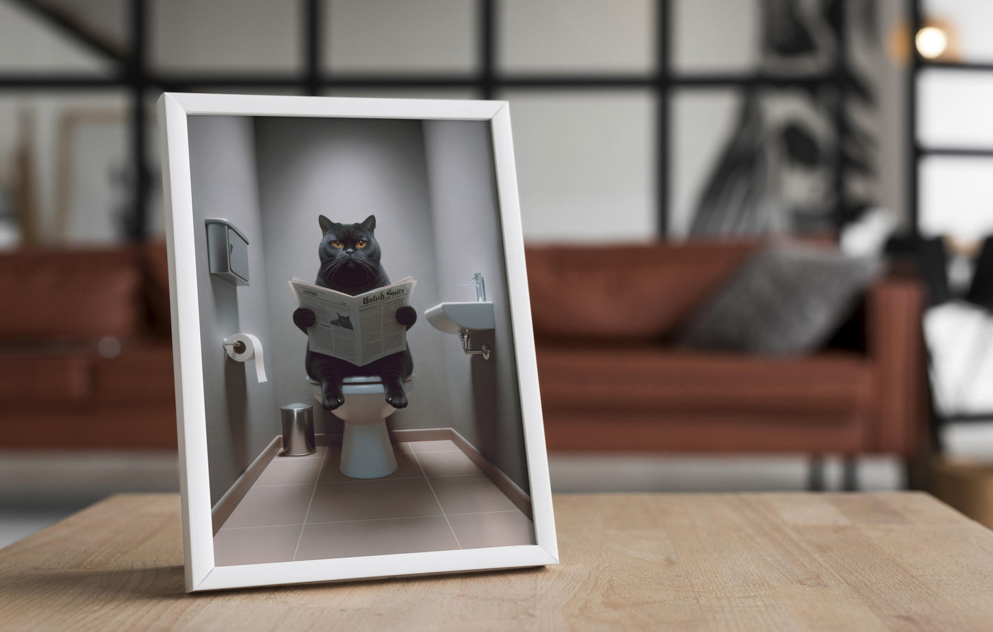 Affiche Murale Humour: Chat British Shorthair Noir Lisant aux WC, Déco Salle de Bain, Cadeau Amusant