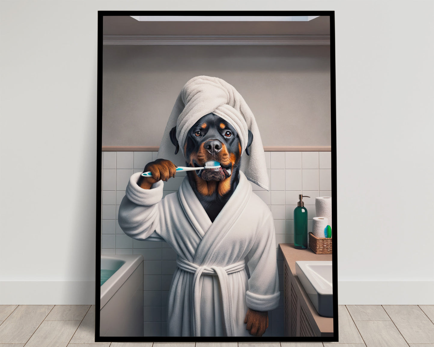 Portrait d'un Rottweiler se brossant les dents en peignoir, Cadre Salle de bain, Déco Humour, Poster SDB, Cadeau Fun, Affiche encadrée
