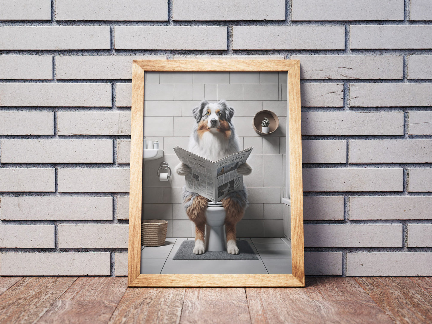 Australian Shepherd Reading Newspaper Toilet Poster - Fun Bathroom Decor Wall Art, Gag Gift for WC